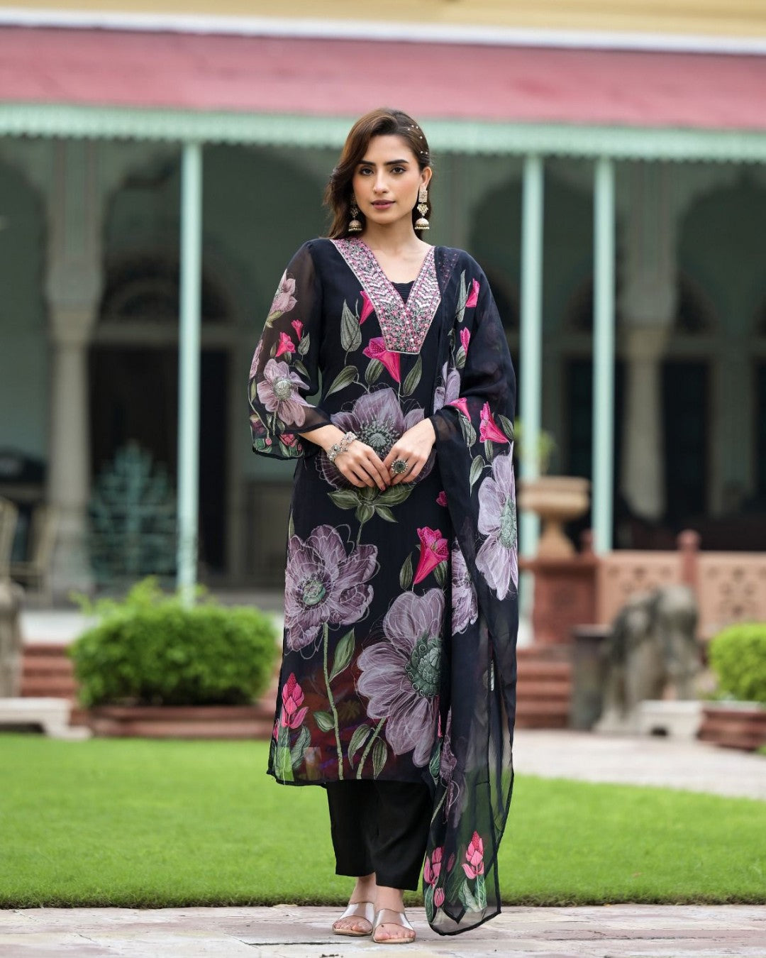 Stylish Womens Reyon Position Print with Embroidered Kurti Pant and Embroidered Dupatta Set