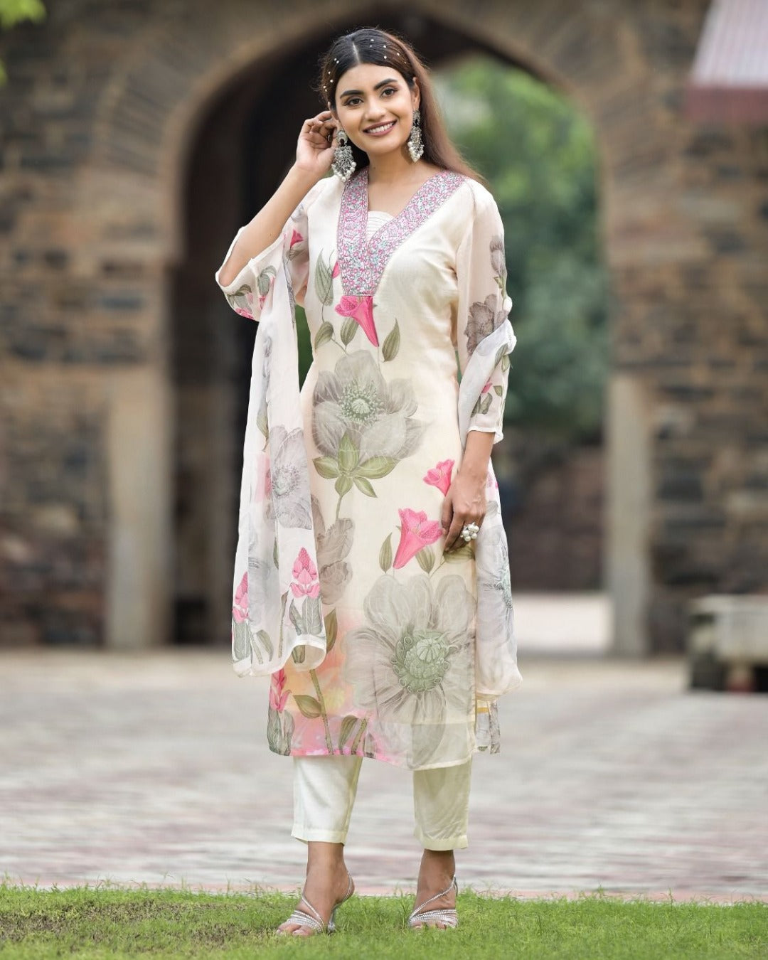 Stylish Womens Reyon Position Print with Embroidered Kurti Pant and Embroidered Dupatta Set