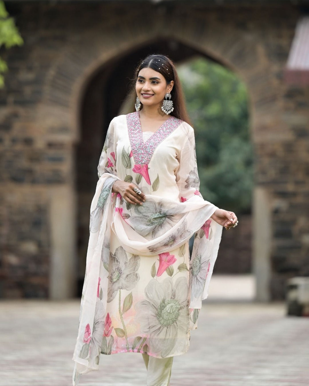 Stylish Womens Reyon Position Print with Embroidered Kurti Pant and Embroidered Dupatta Set