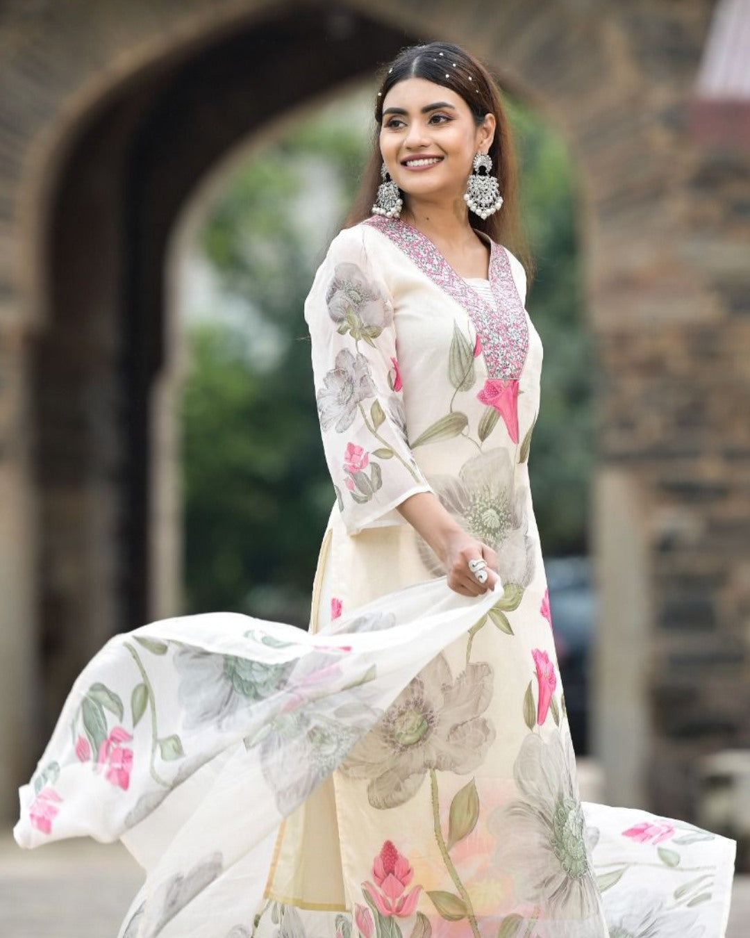 Stylish Womens Reyon Position Print with Embroidered Kurti Pant and Embroidered Dupatta Set
