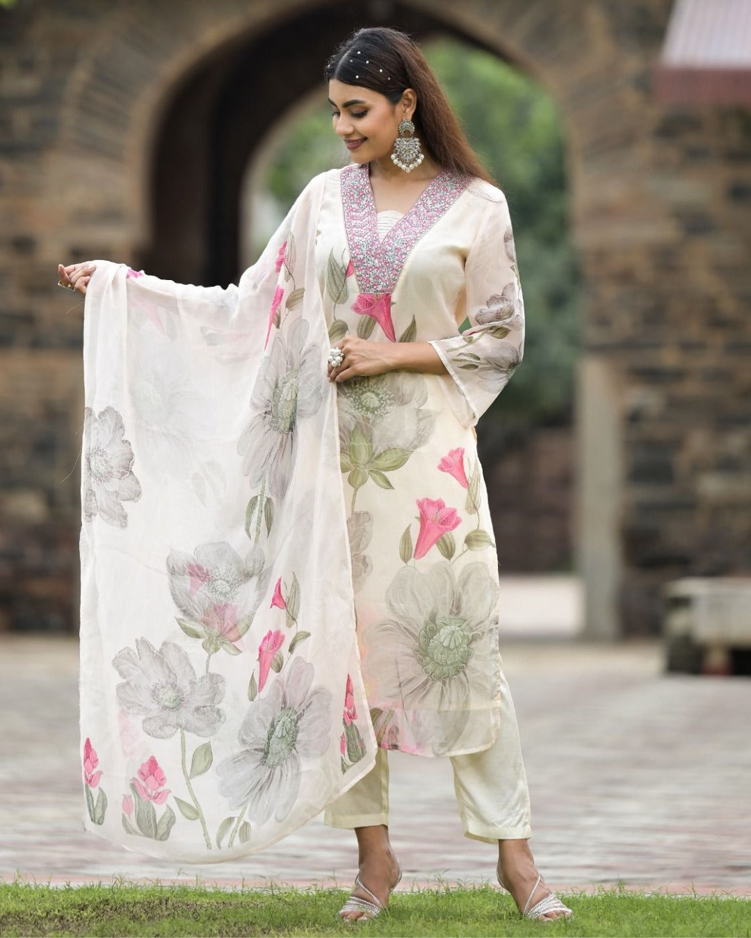 Stylish Womens Reyon Position Print with Embroidered Kurti Pant and Embroidered Dupatta Set