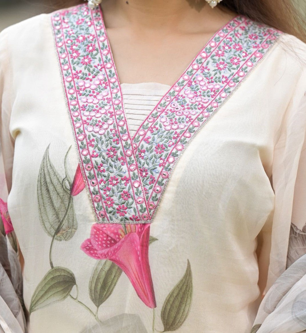 Stylish Womens Reyon Position Print with Embroidered Kurti Pant and Embroidered Dupatta Set