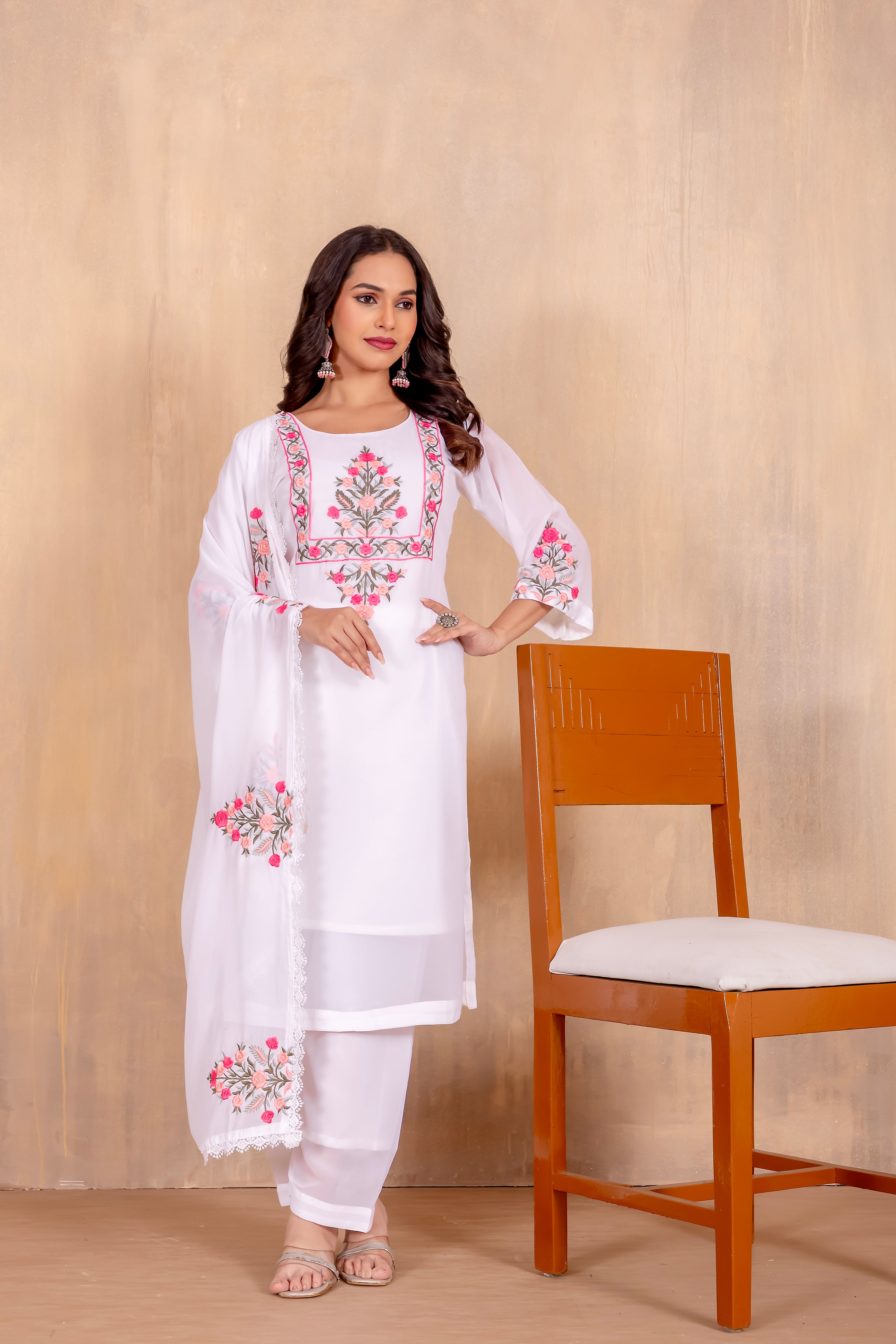 Women Heavy Faux Georgette Embroidered Kurta With Pant & Dupatta |Heavy Faux Georgette Salwar Suit | Embroidered Suit Set | A-line Salwar Kameez -Work Suit Sets