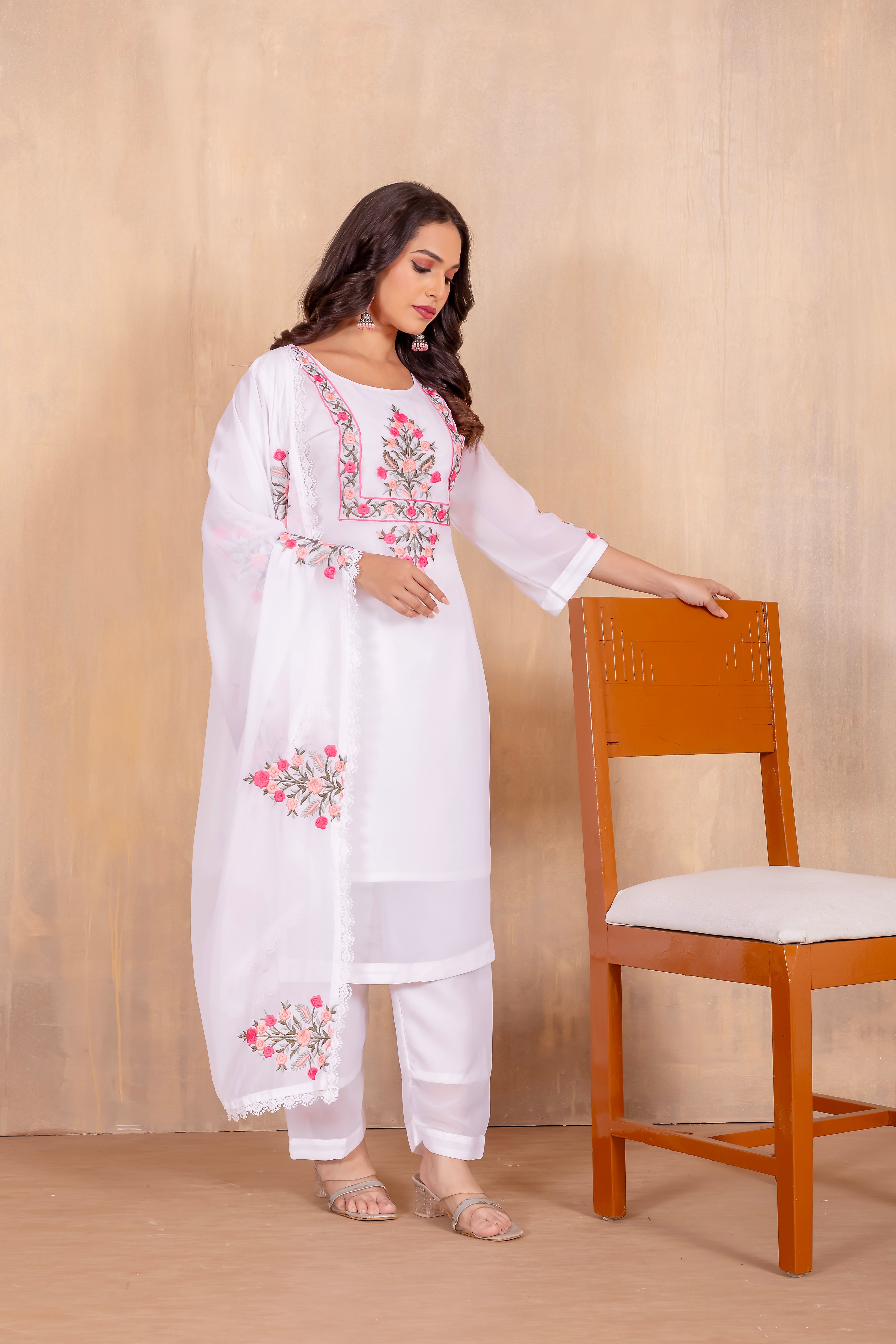 Women Heavy Faux Georgette Embroidered Kurta With Pant & Dupatta |Heavy Faux Georgette Salwar Suit | Embroidered Suit Set | A-line Salwar Kameez -Work Suit Sets
