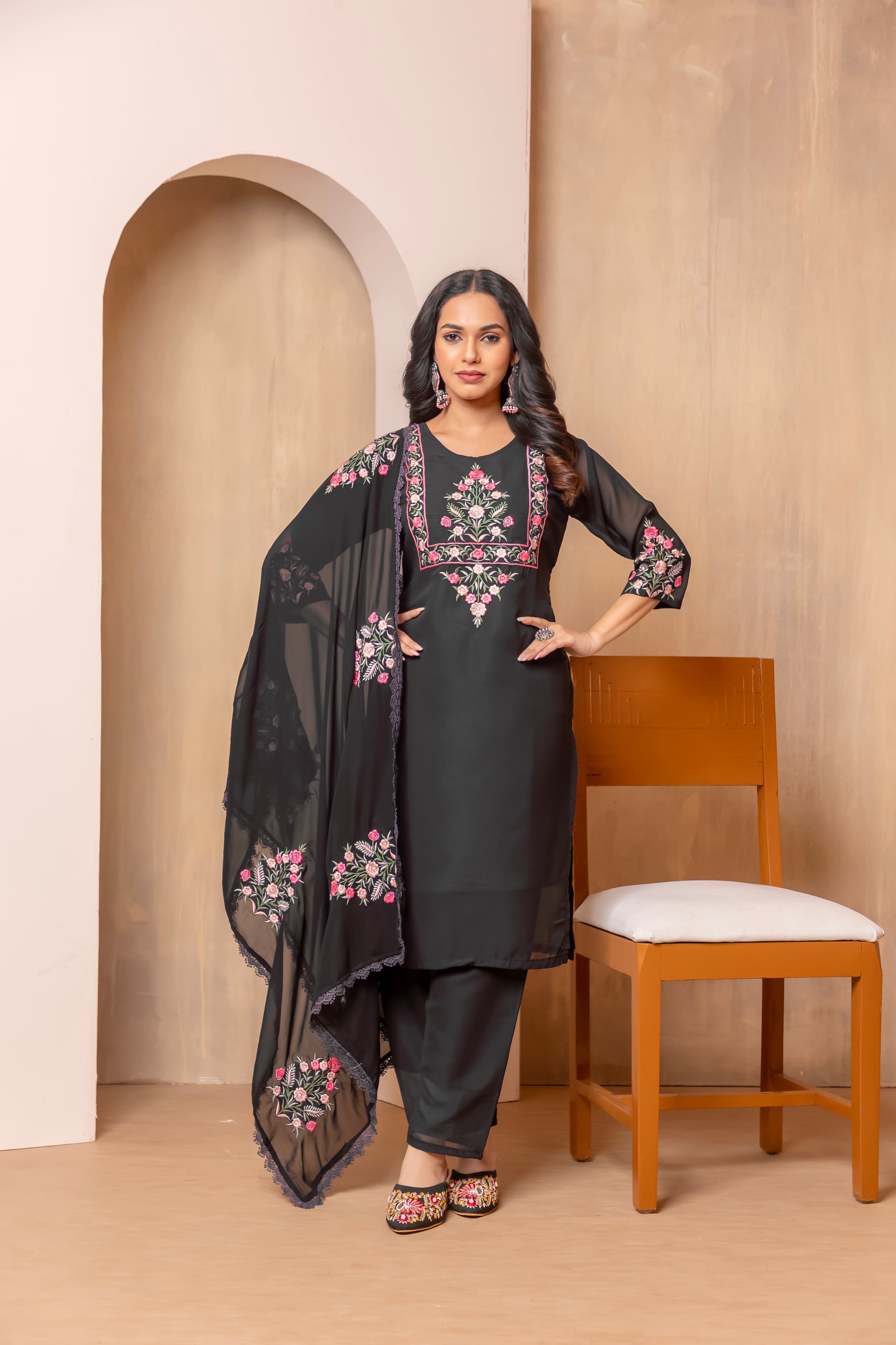 Women Heavy Faux Georgette Embroidered Kurta With Pant & Dupatta |Heavy Faux Georgette Salwar Suit | Embroidered Suit Set | A-line Salwar Kameez -Work Suit Sets