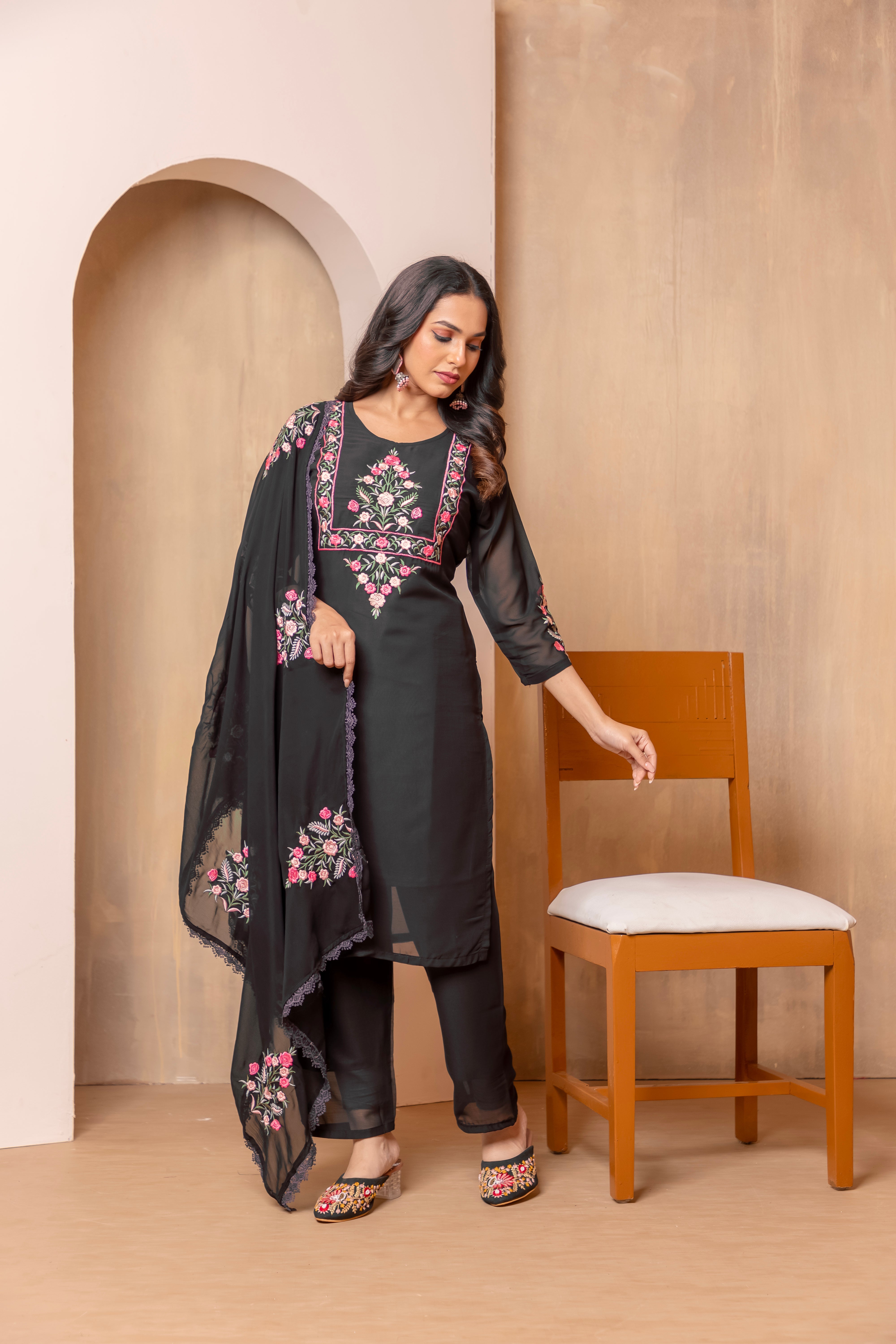 Women Heavy Faux Georgette Embroidered Kurta With Pant & Dupatta |Heavy Faux Georgette Salwar Suit | Embroidered Suit Set | A-line Salwar Kameez -Work Suit Sets