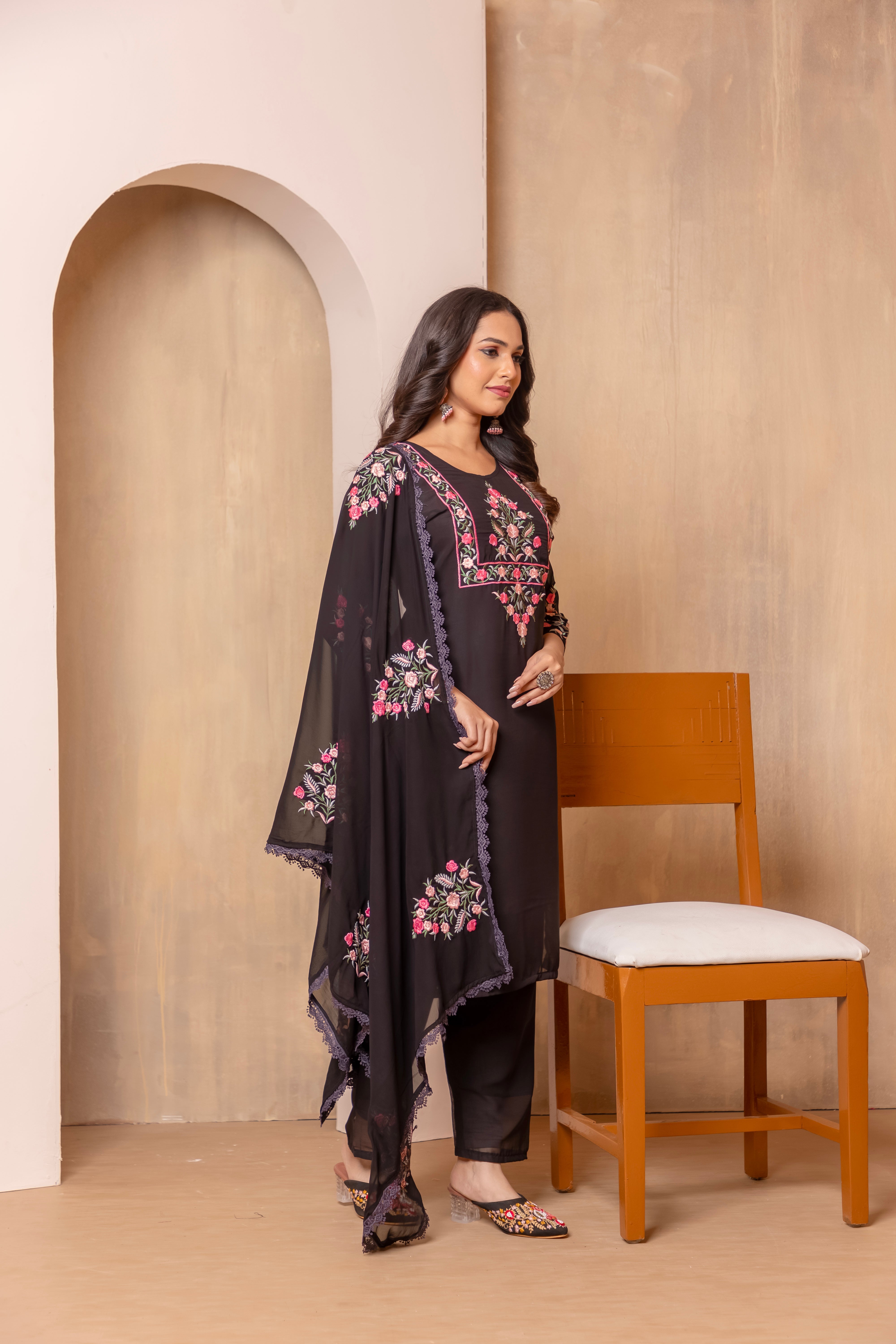 Women Heavy Faux Georgette Embroidered Kurta With Pant & Dupatta |Heavy Faux Georgette Salwar Suit | Embroidered Suit Set | A-line Salwar Kameez -Work Suit Sets