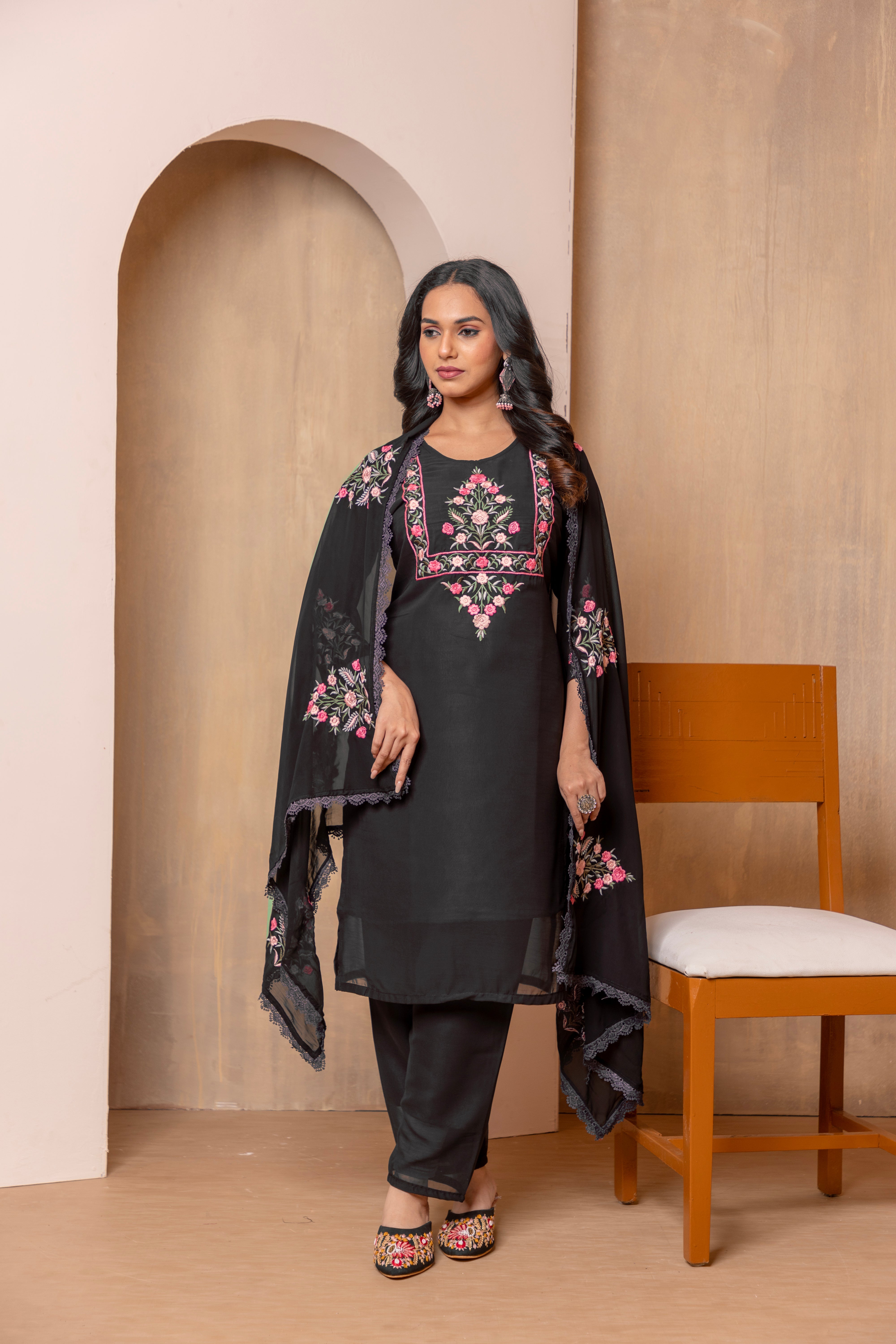 Women Heavy Faux Georgette Embroidered Kurta With Pant & Dupatta |Heavy Faux Georgette Salwar Suit | Embroidered Suit Set | A-line Salwar Kameez -Work Suit Sets