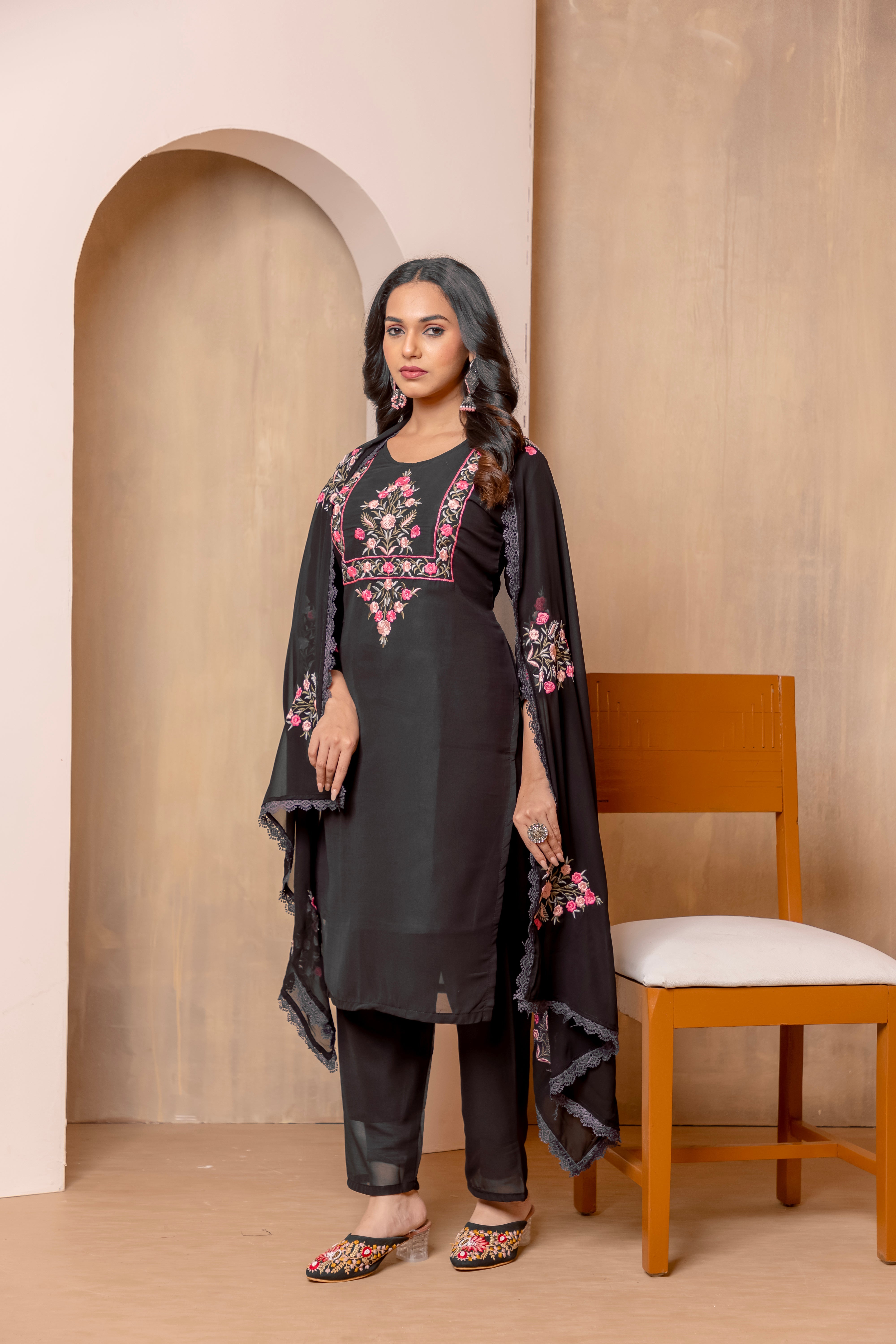 Women Heavy Faux Georgette Embroidered Kurta With Pant & Dupatta |Heavy Faux Georgette Salwar Suit | Embroidered Suit Set | A-line Salwar Kameez -Work Suit Sets