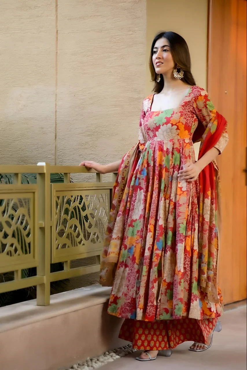 Stylish Womens Chinnon Position Print with Kurti Pant and Printed Dupatta set