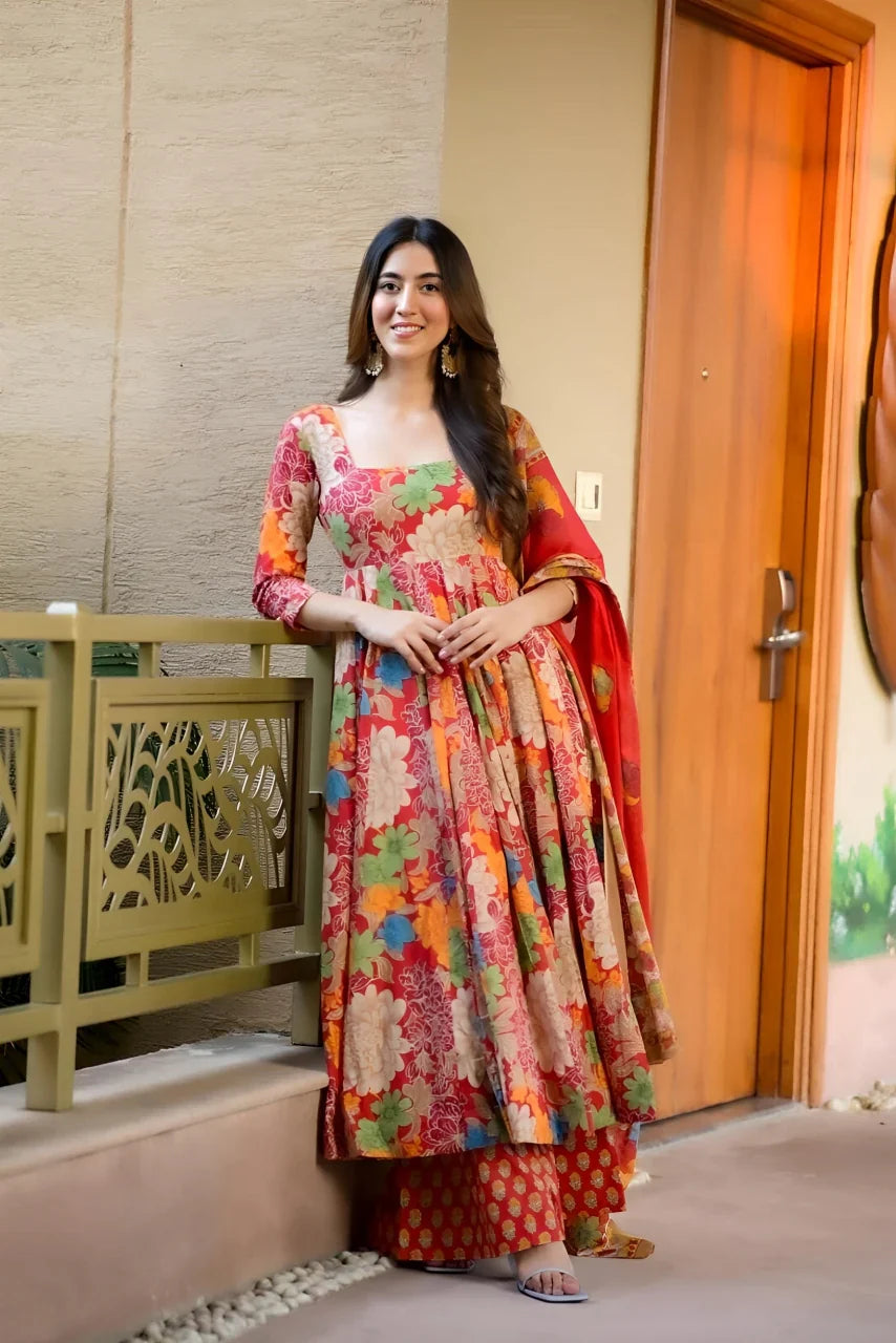 Stylish Womens Chinnon Position Print with Kurti Pant and Printed Dupatta set