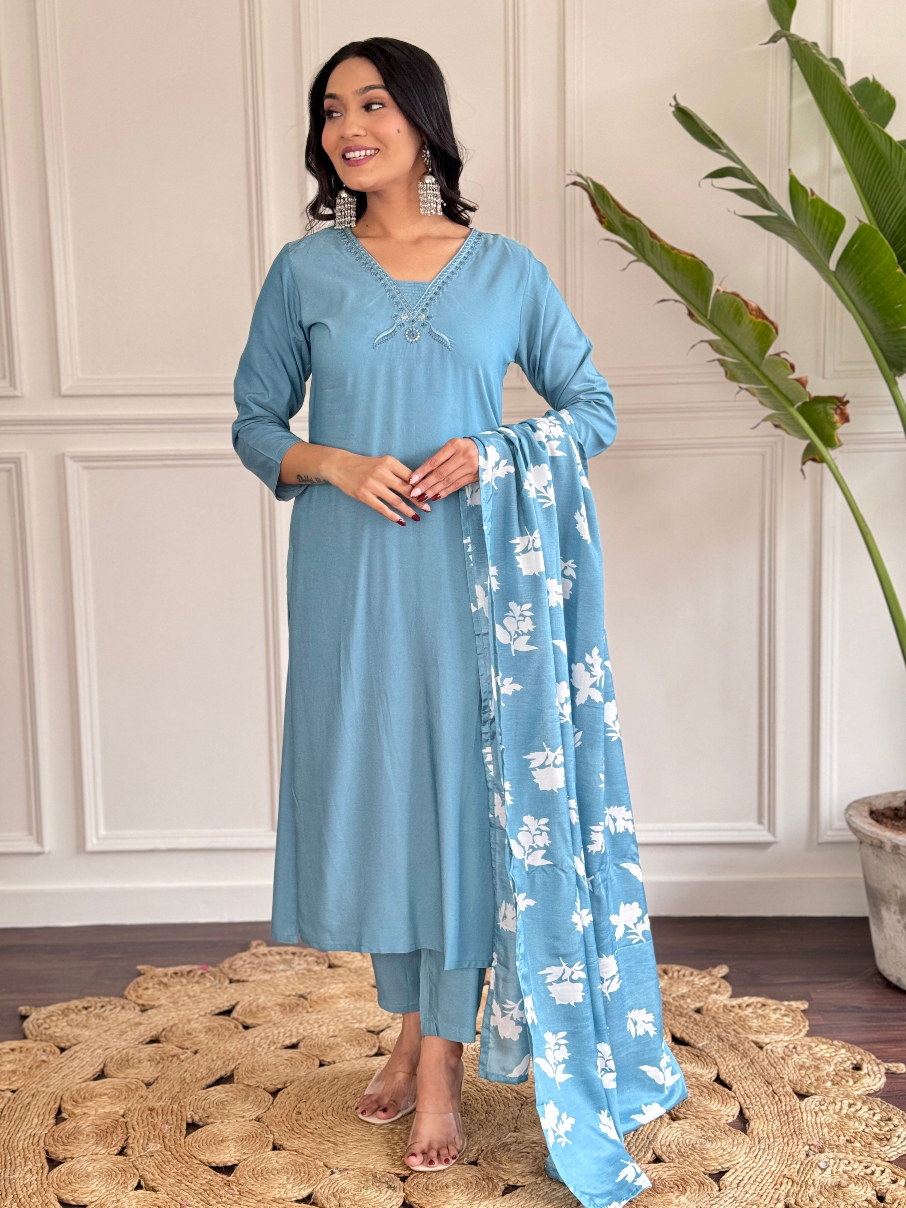 Women's  Viscose chanderi  Kurta and Pant with Dupatta Set