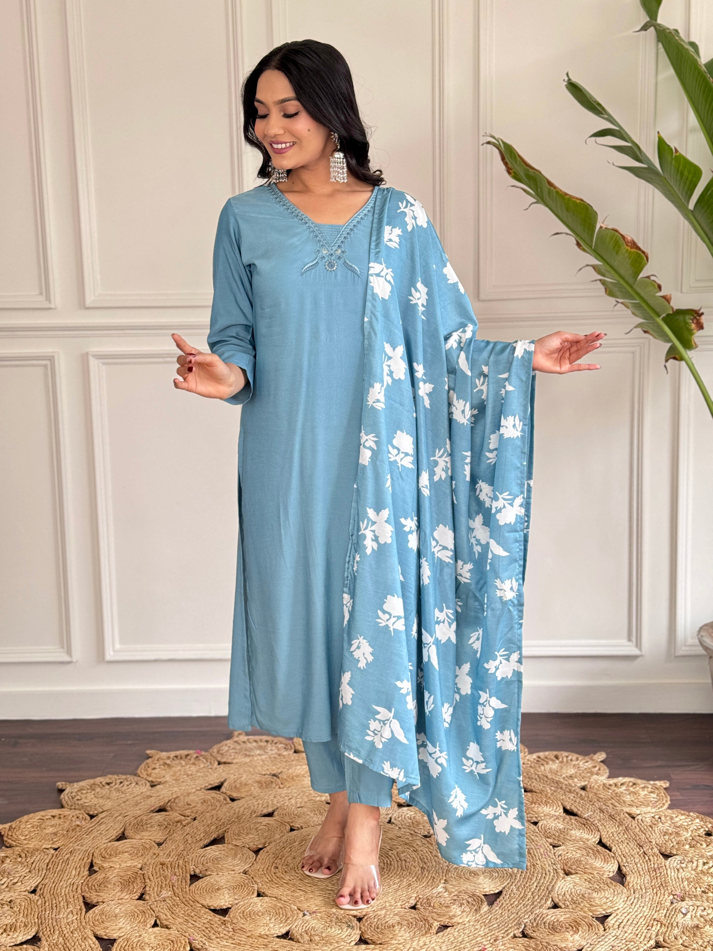 Women's  Viscose chanderi  Kurta and Pant with Dupatta Set