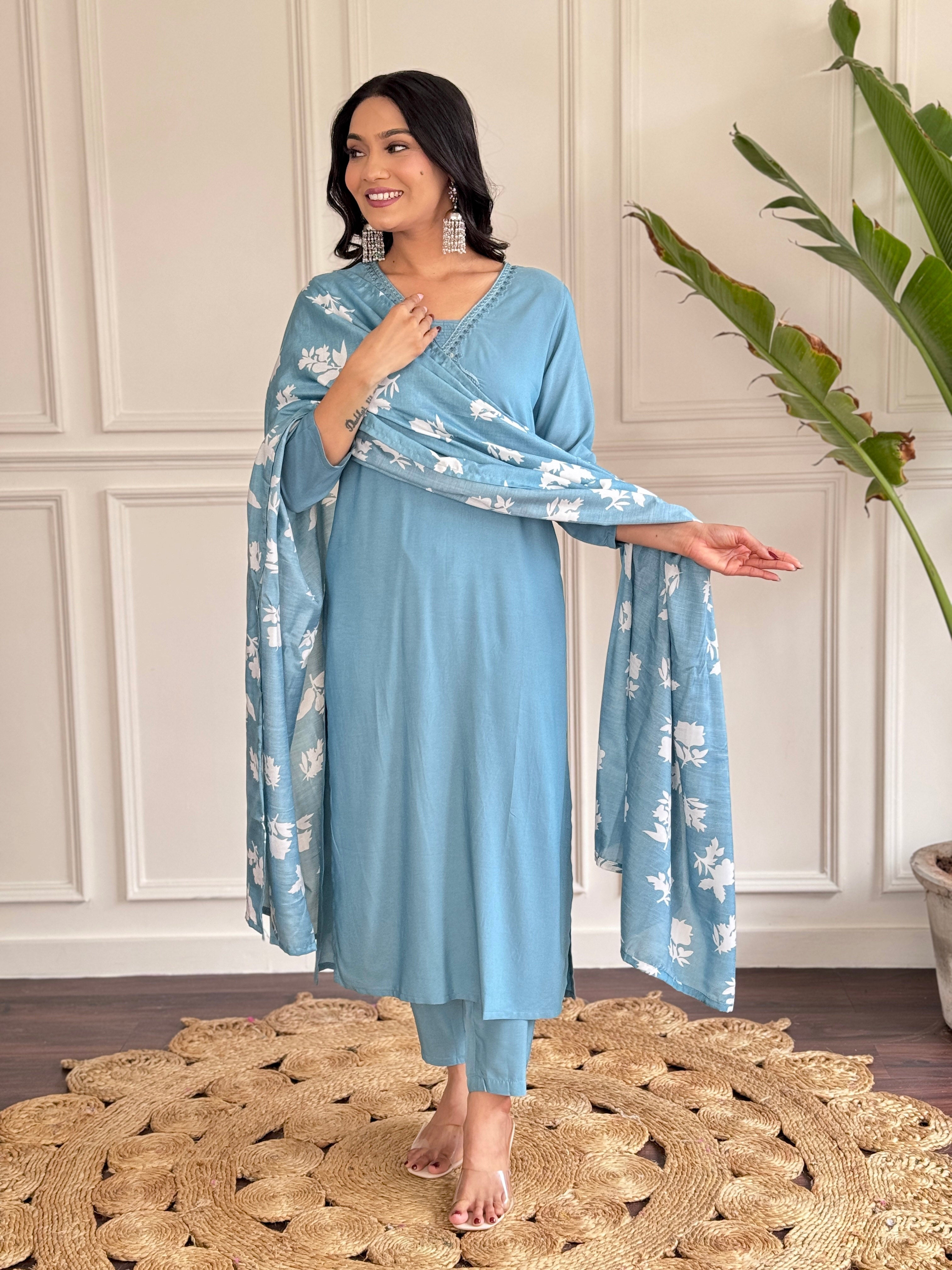 Women's  Viscose chanderi  Kurta and Pant with Dupatta Set