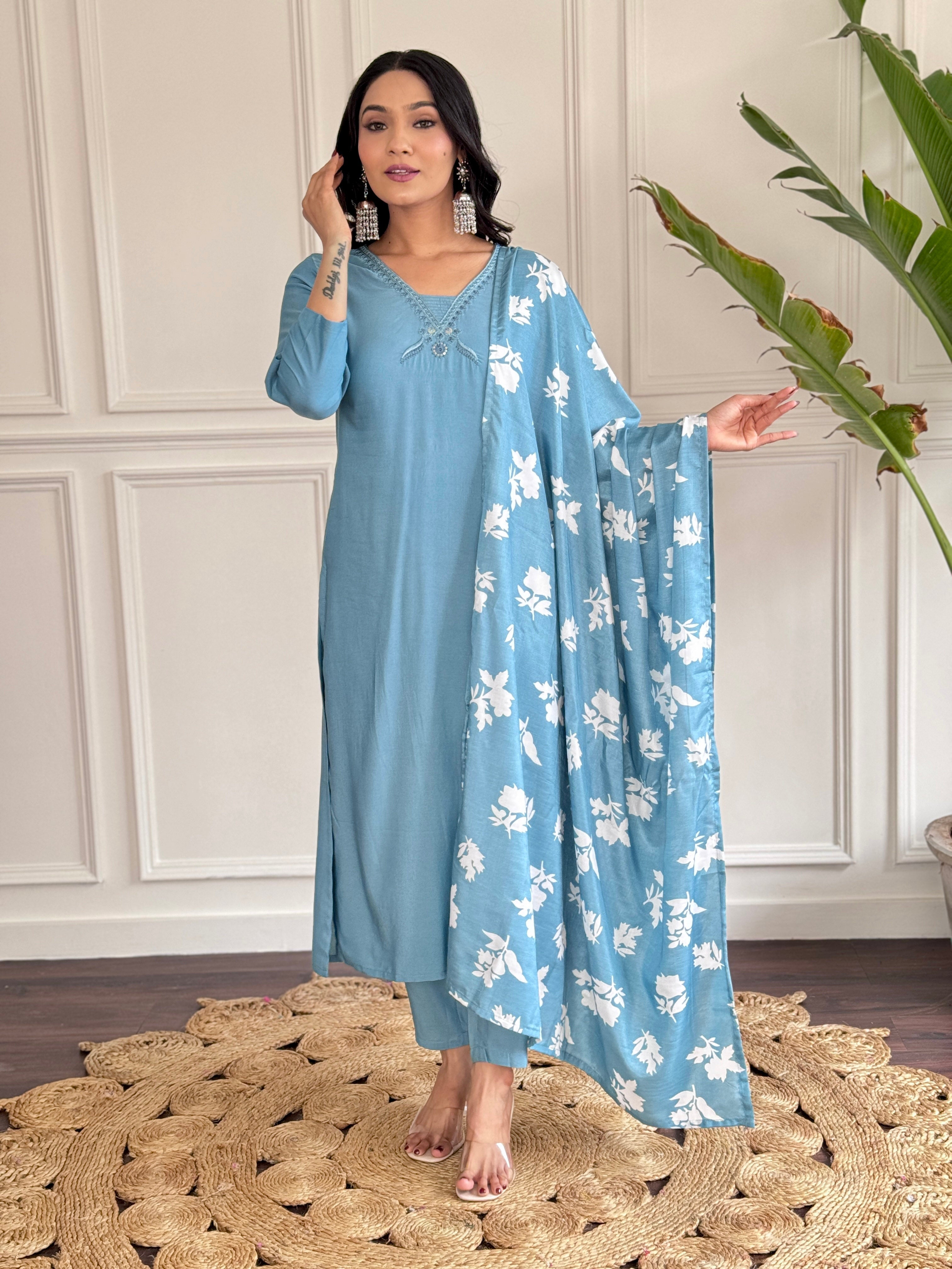 Women's  Viscose chanderi  Kurta and Pant with Dupatta Set