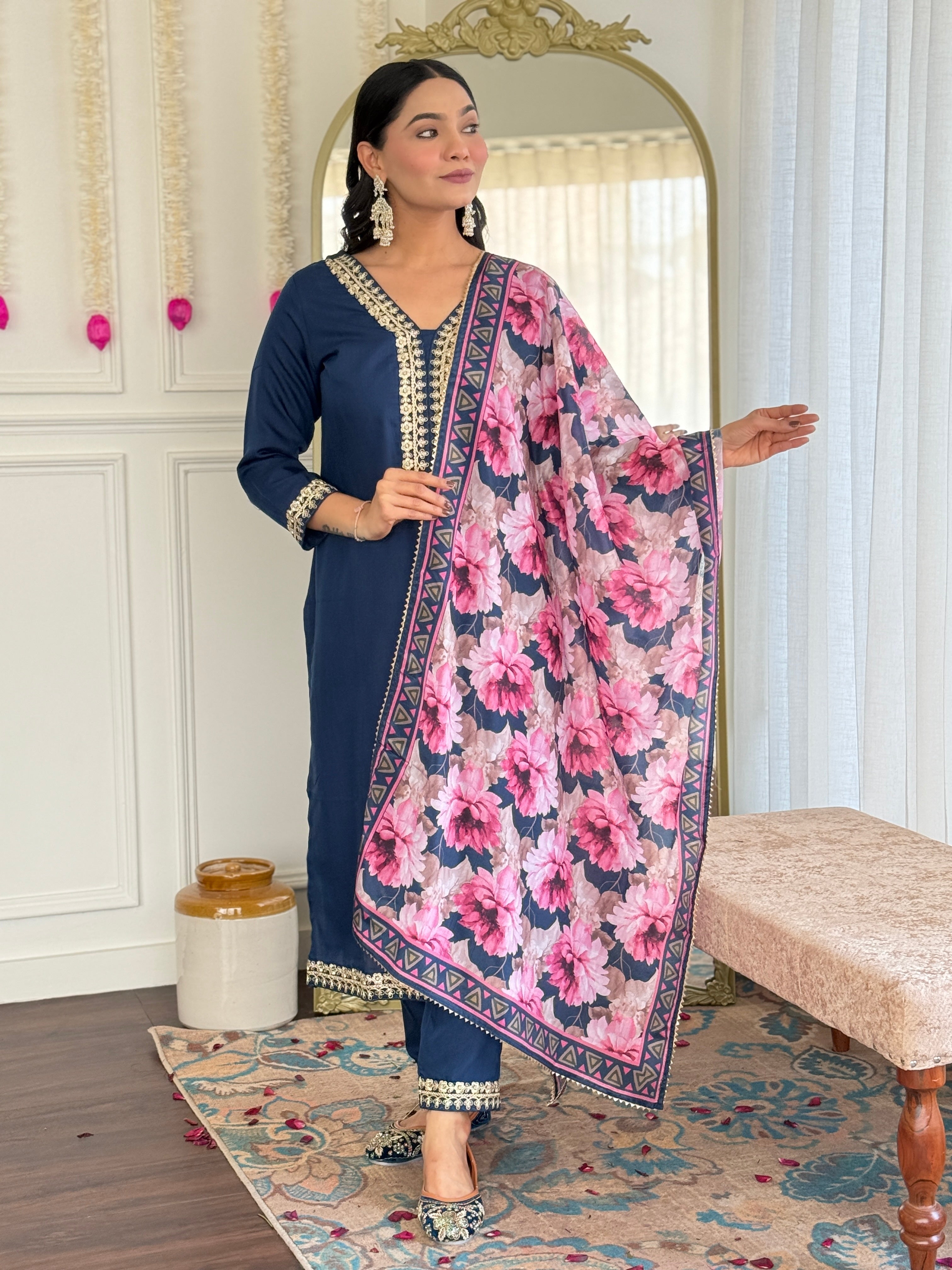 Women Viscose Slub Embroidered Kurta With Pant & Dupatta A-line Salwar Kameez -Work Suit Set