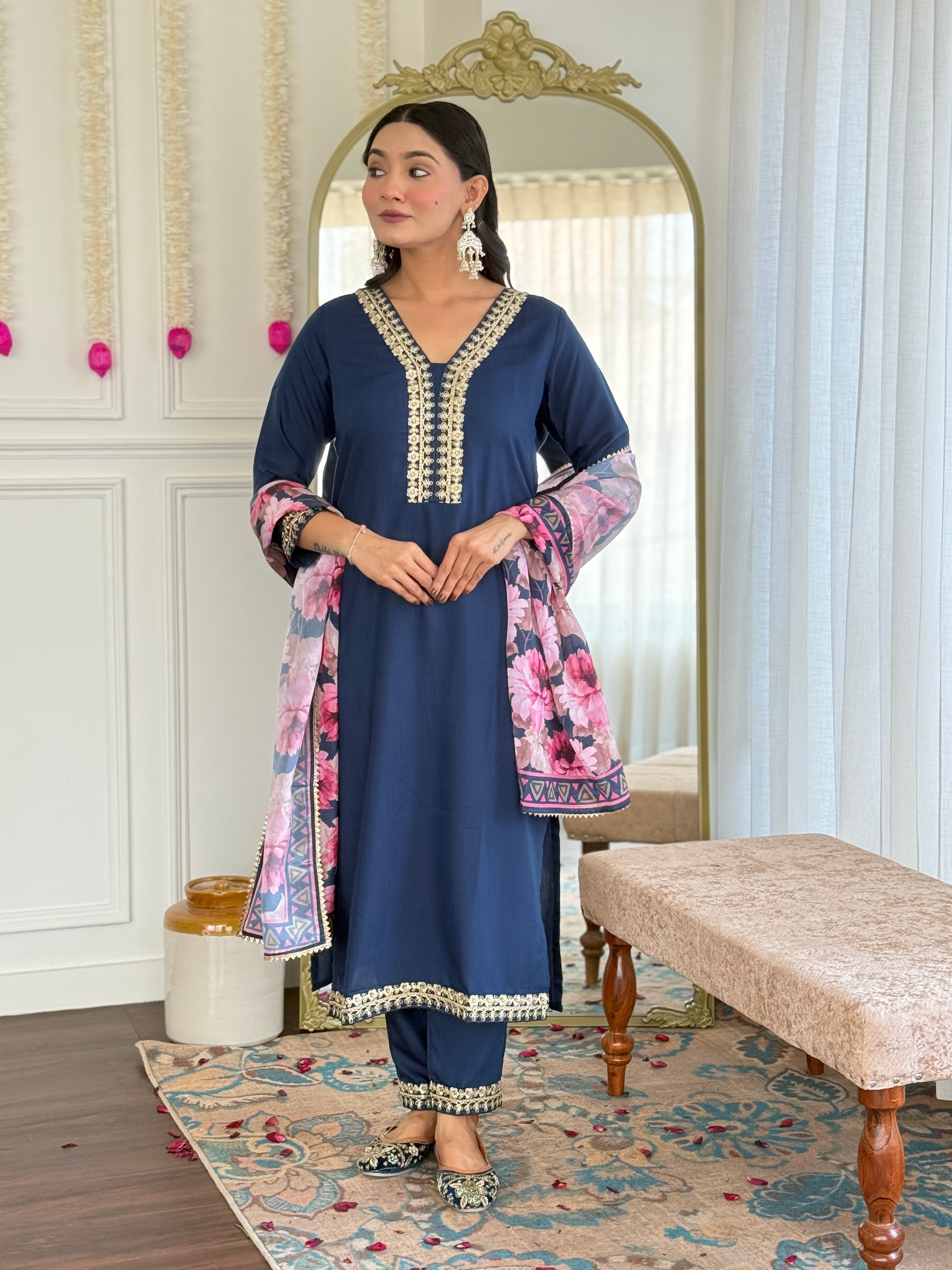 Women Viscose Slub Embroidered Kurta With Pant & Dupatta A-line Salwar Kameez -Work Suit Set