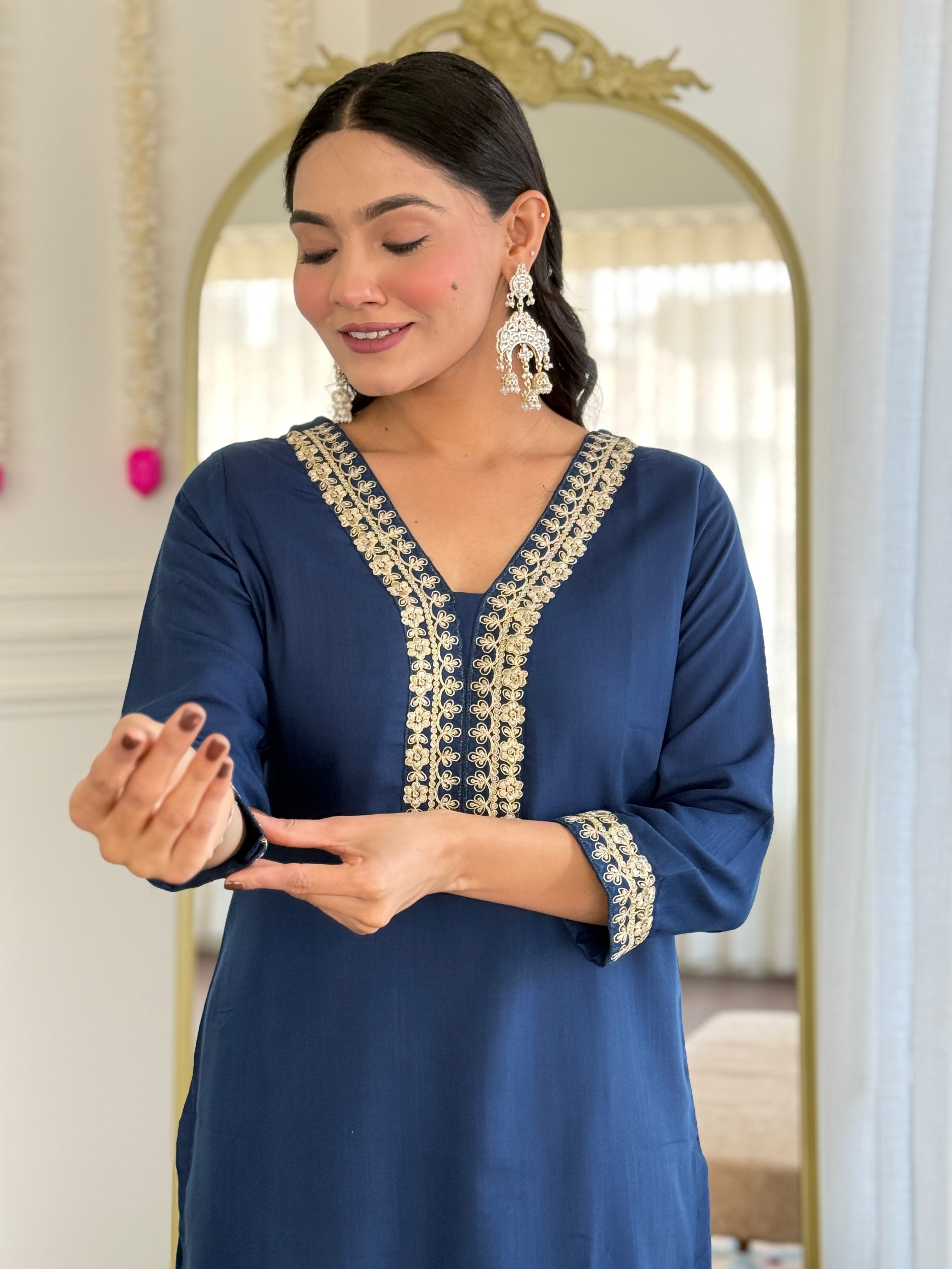 Women Viscose Slub Embroidered Kurta With Pant & Dupatta A-line Salwar Kameez -Work Suit Set
