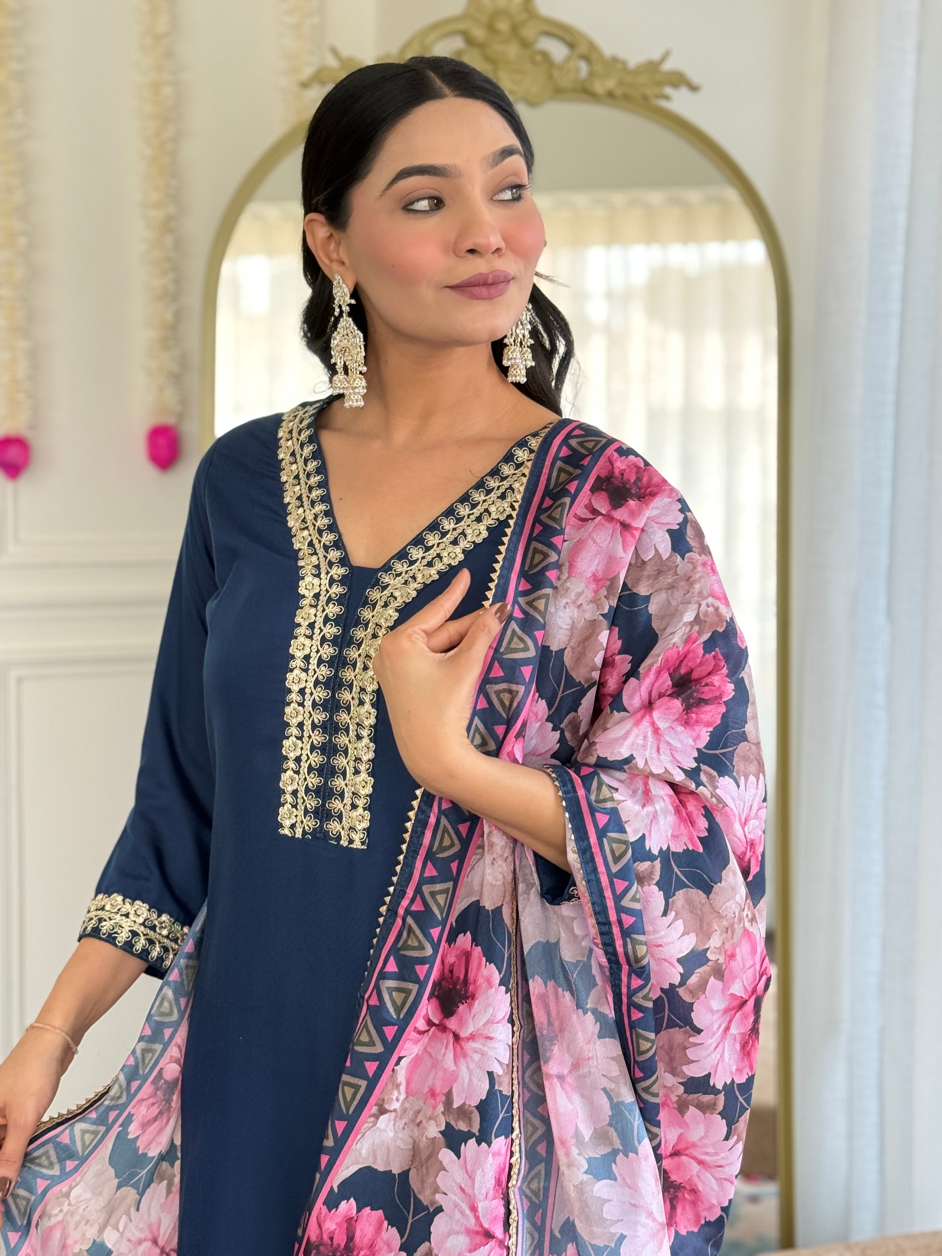 Women Viscose Slub Embroidered Kurta With Pant & Dupatta A-line Salwar Kameez -Work Suit Set