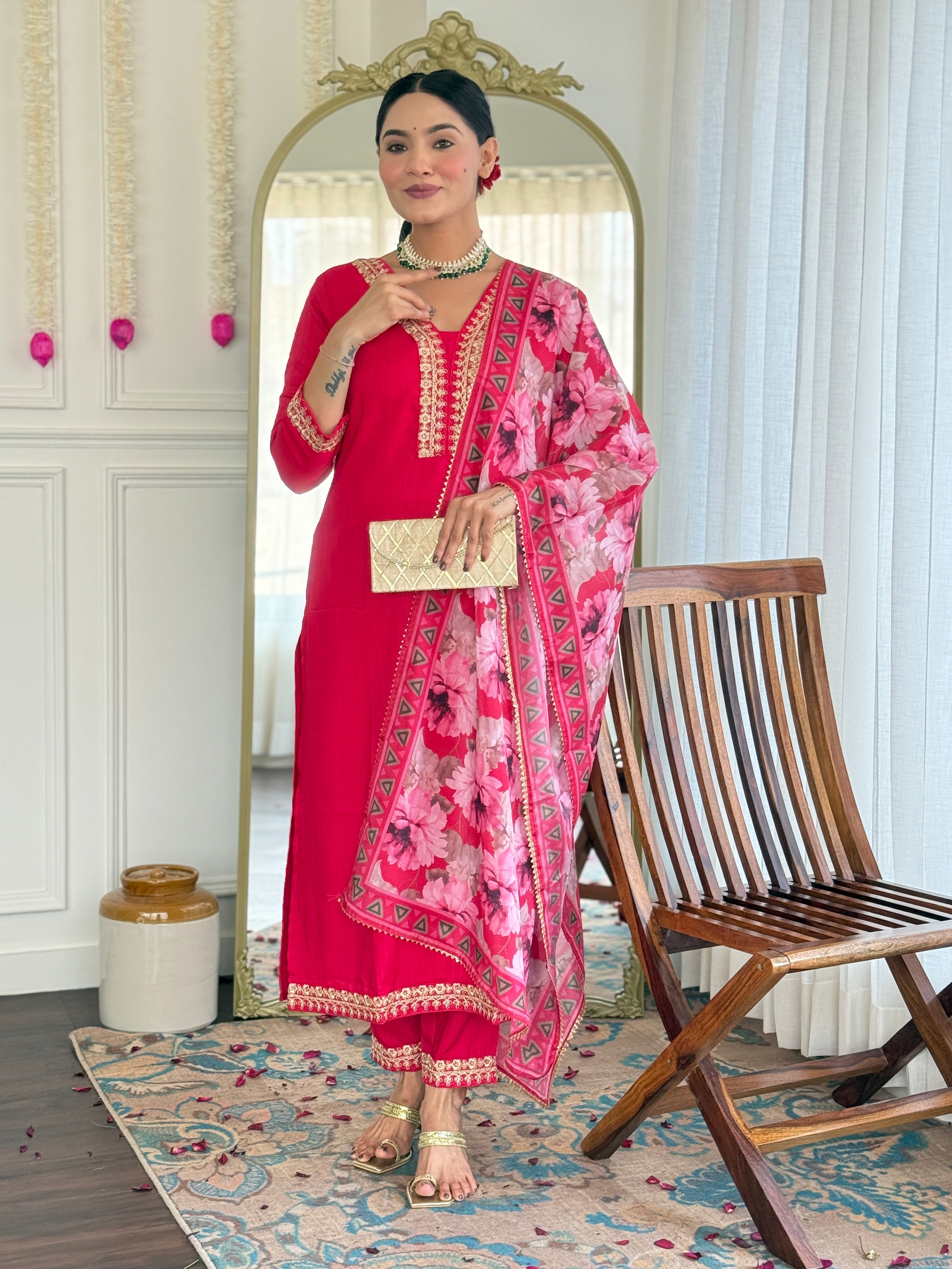 Women Viscose Slub Embroidered Kurta With Pant & Dupatta A-line Salwar Kameez -Work Suit Set