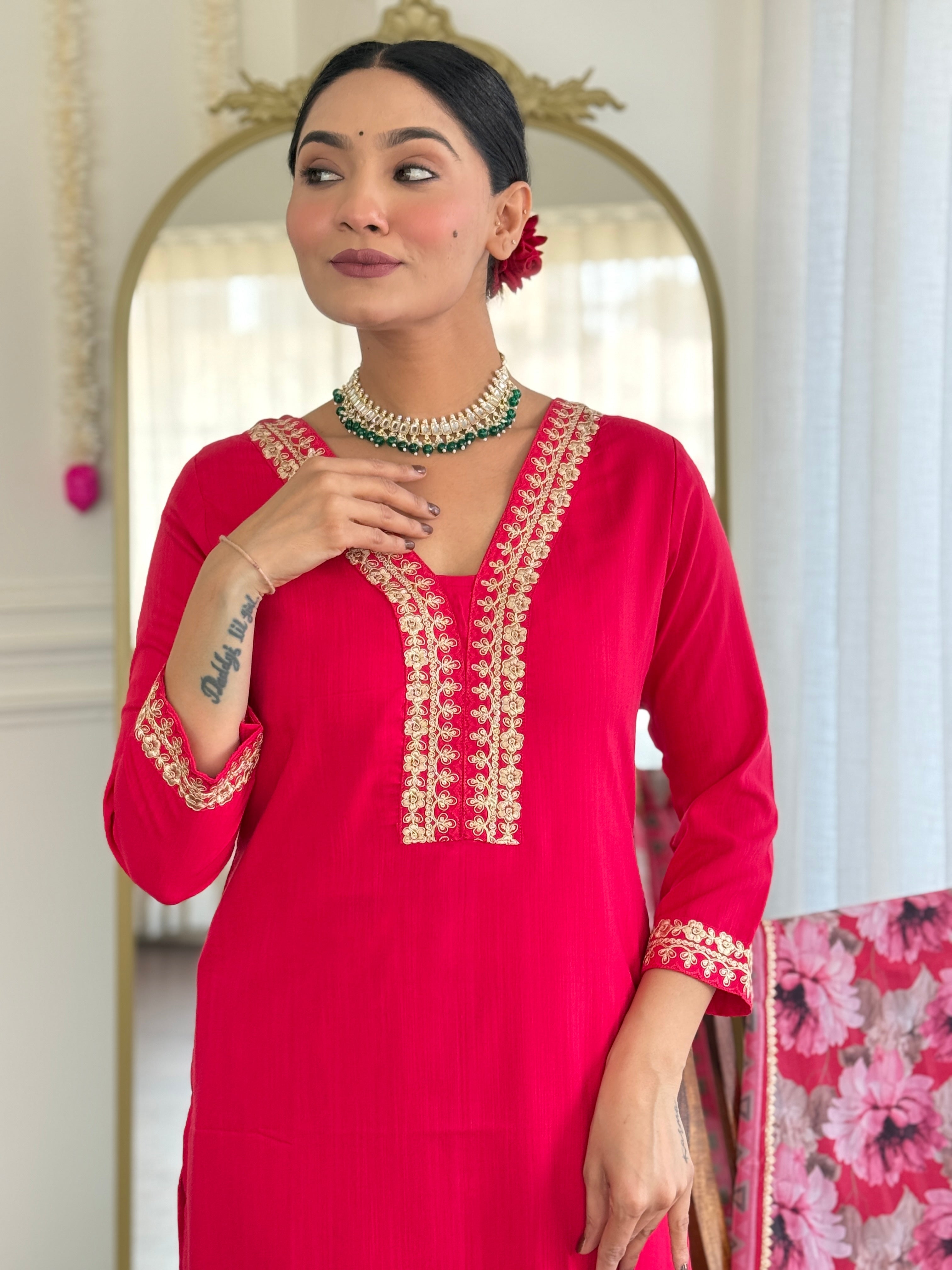 Women Viscose Slub Embroidered Kurta With Pant & Dupatta A-line Salwar Kameez -Work Suit Set