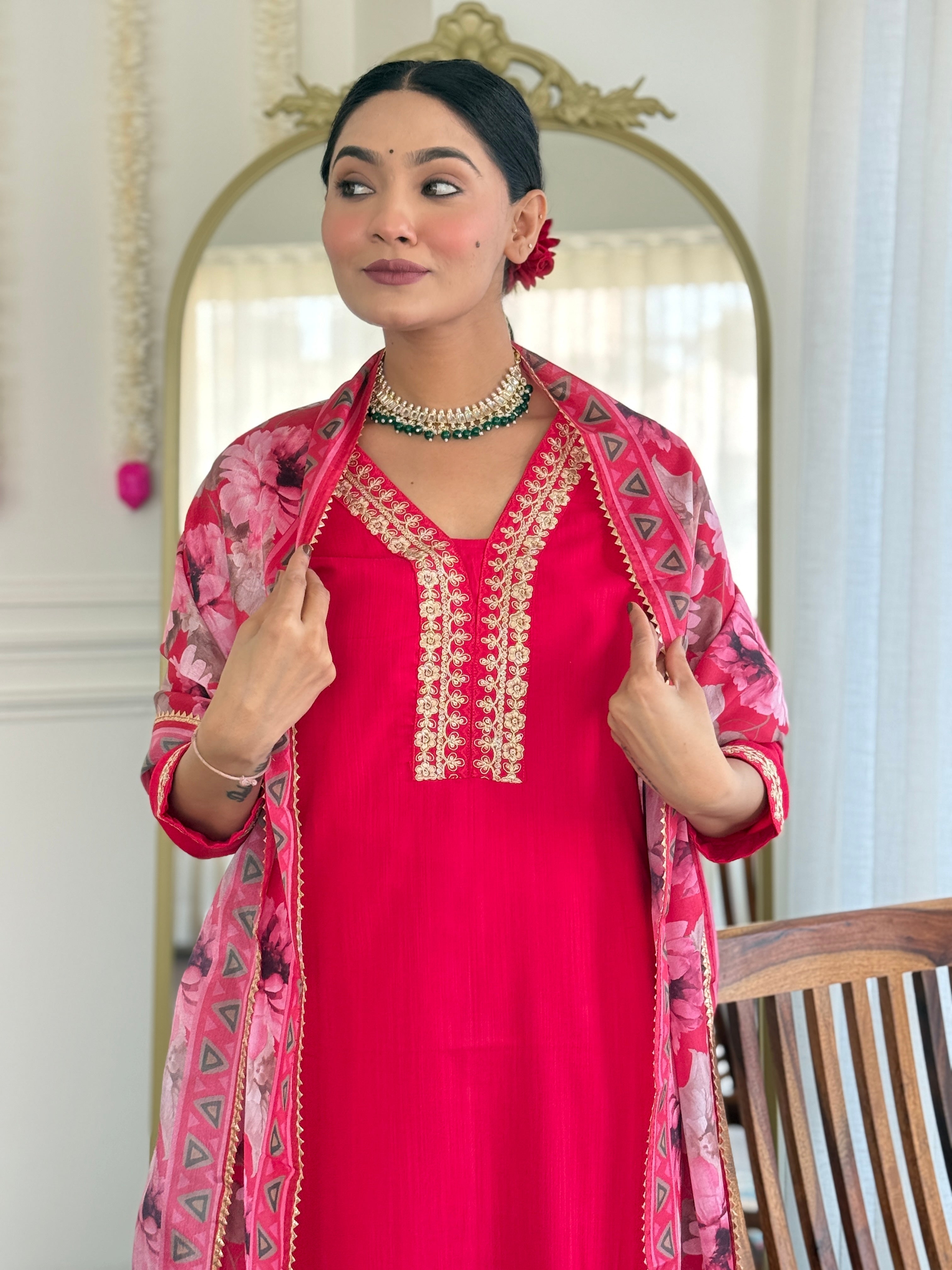Women Viscose Slub Embroidered Kurta With Pant & Dupatta A-line Salwar Kameez -Work Suit Set