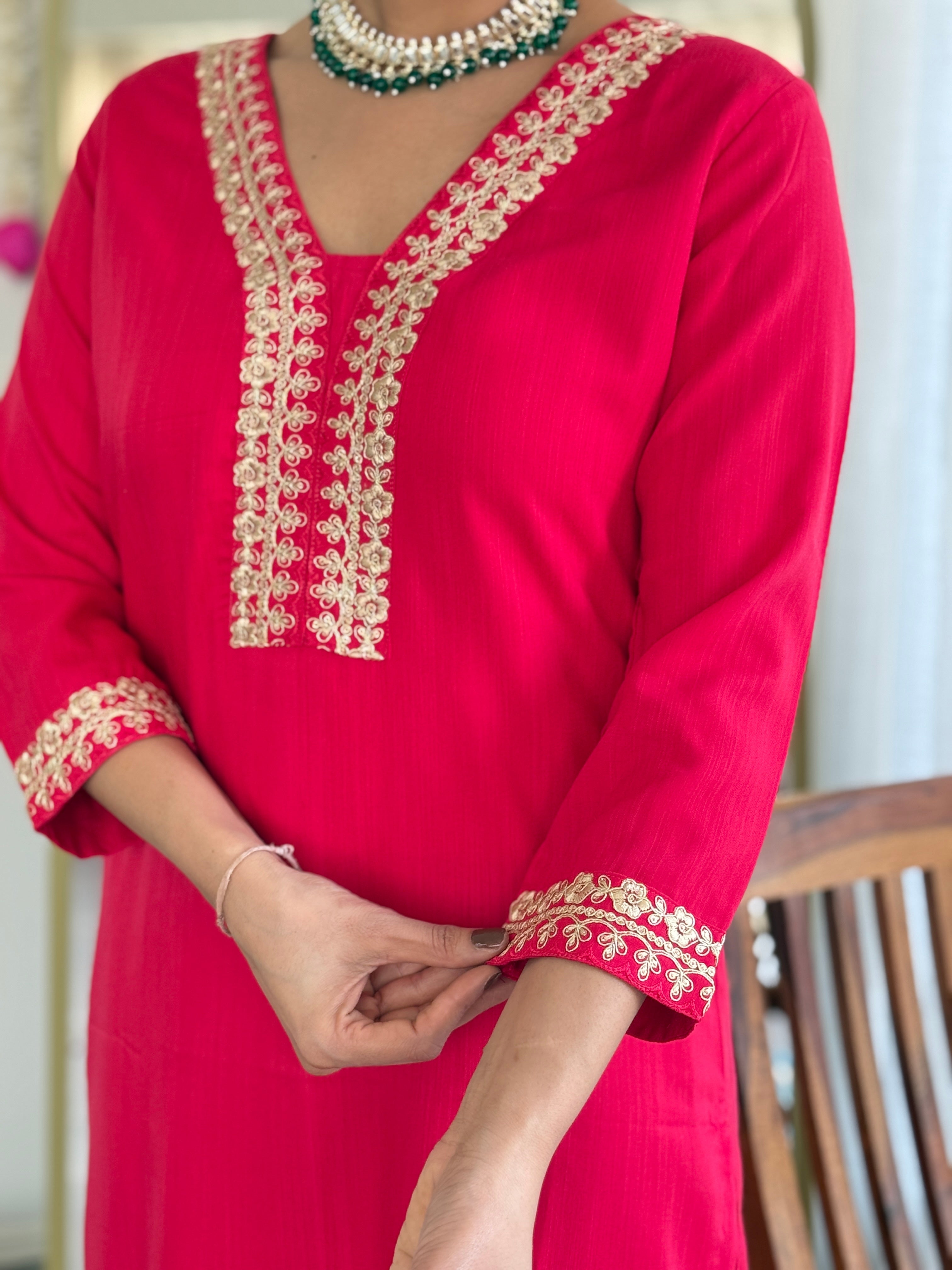Women Viscose Slub Embroidered Kurta With Pant & Dupatta A-line Salwar Kameez -Work Suit Set