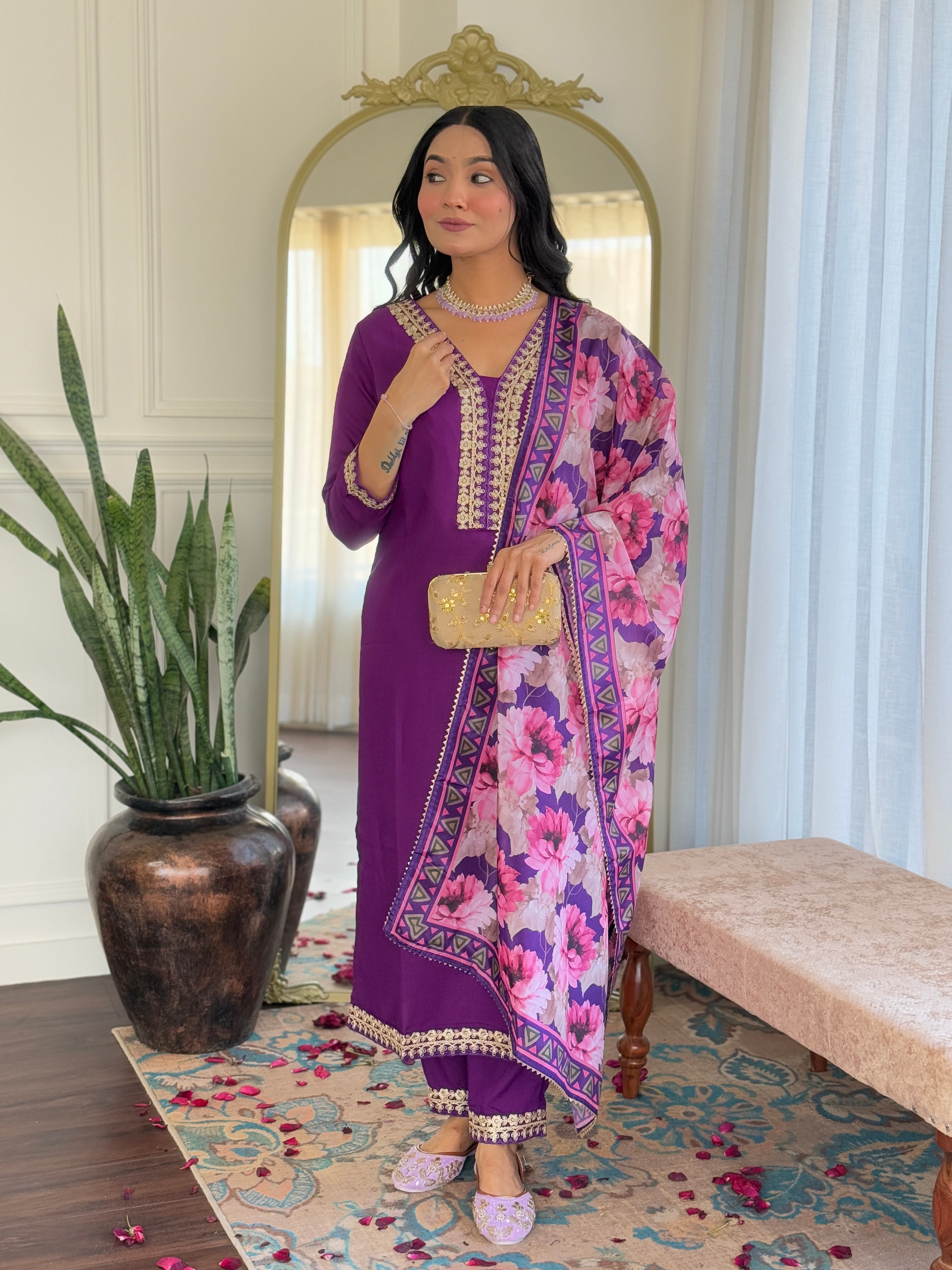 Women Viscose Slub Embroidered Kurta With Pant & Dupatta A-line Salwar Kameez -Work Suit Set
