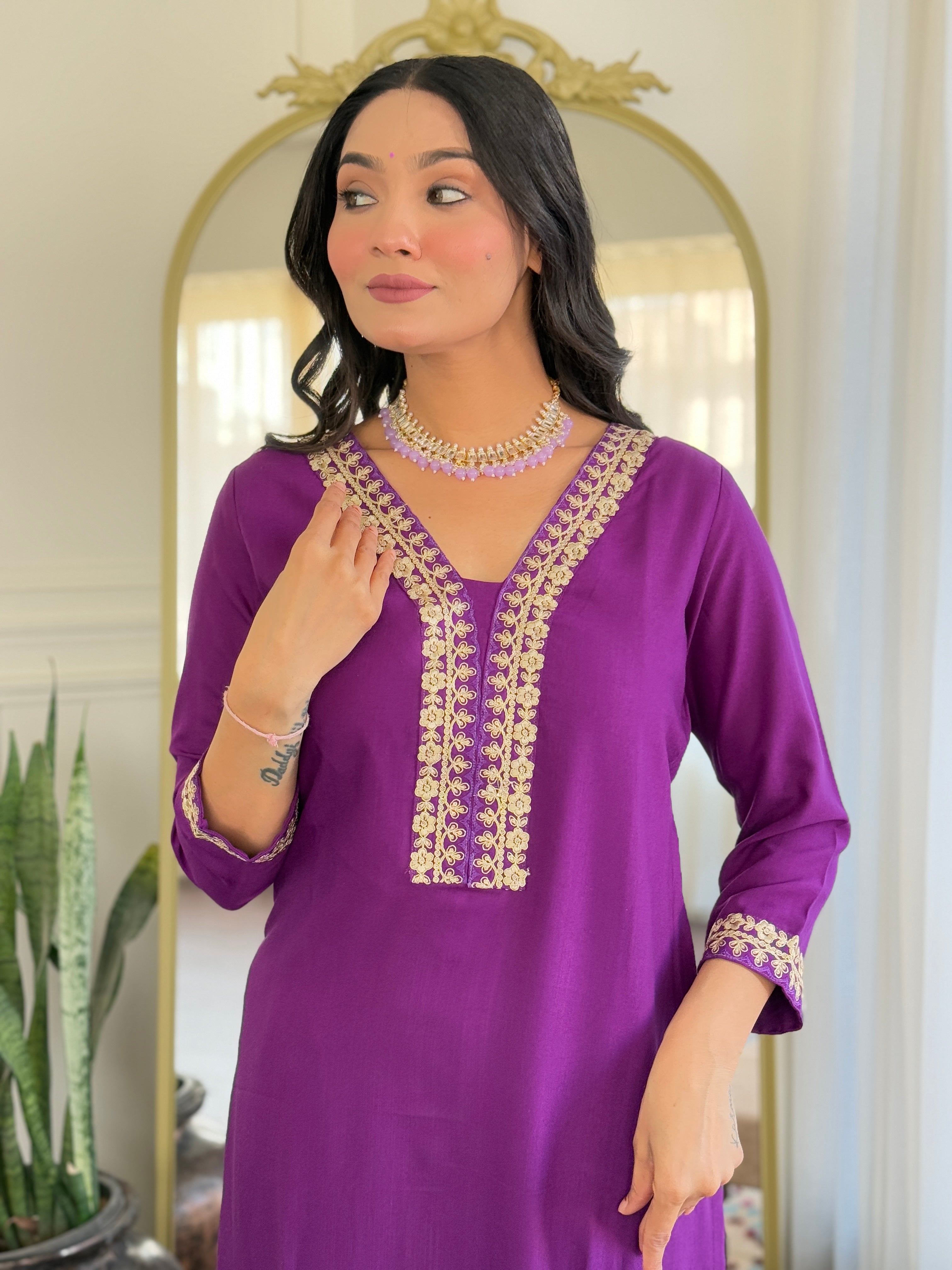 Women Viscose Slub Embroidered Kurta With Pant & Dupatta A-line Salwar Kameez -Work Suit Set