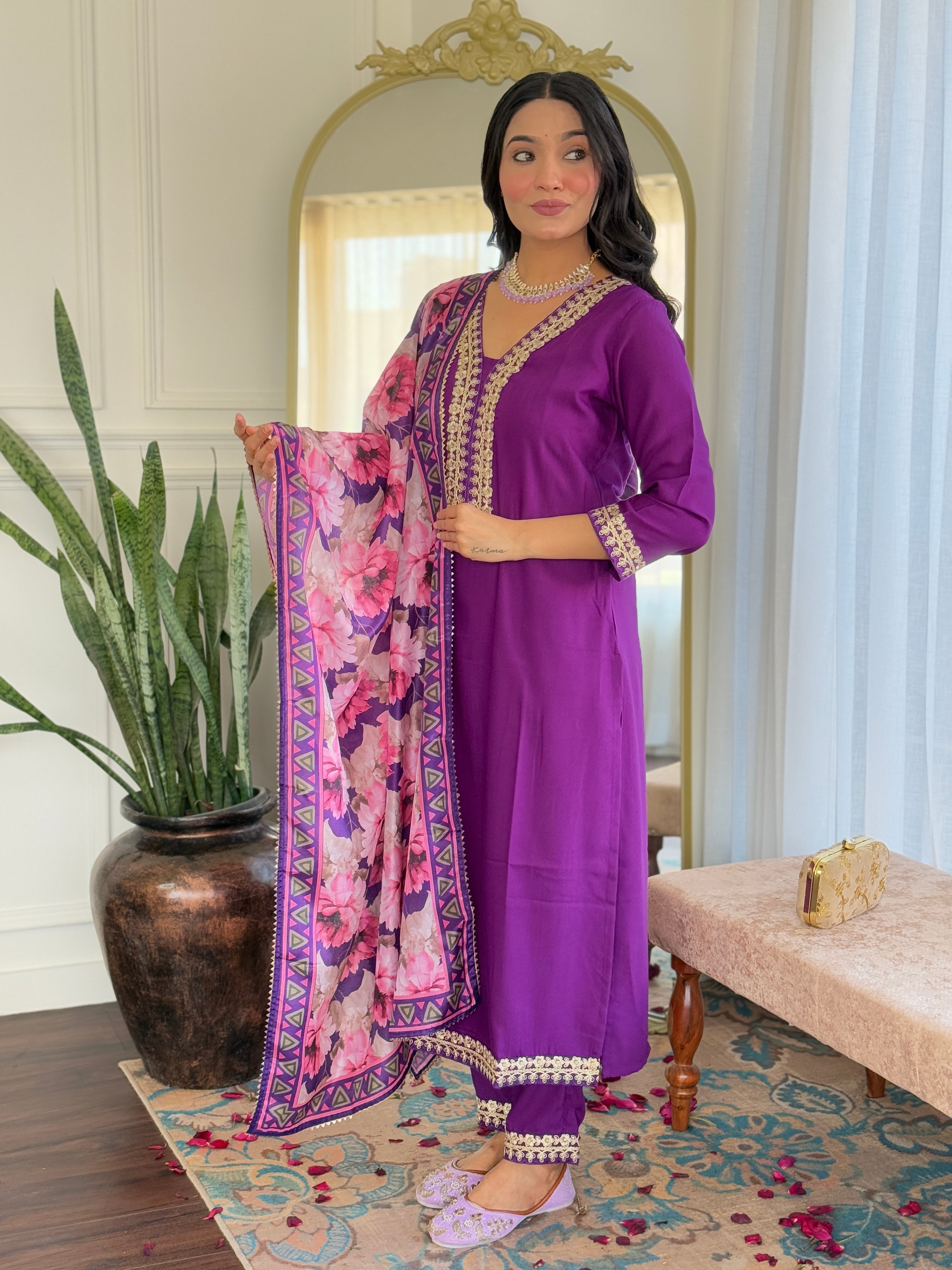 Women Viscose Slub Embroidered Kurta With Pant & Dupatta A-line Salwar Kameez -Work Suit Set