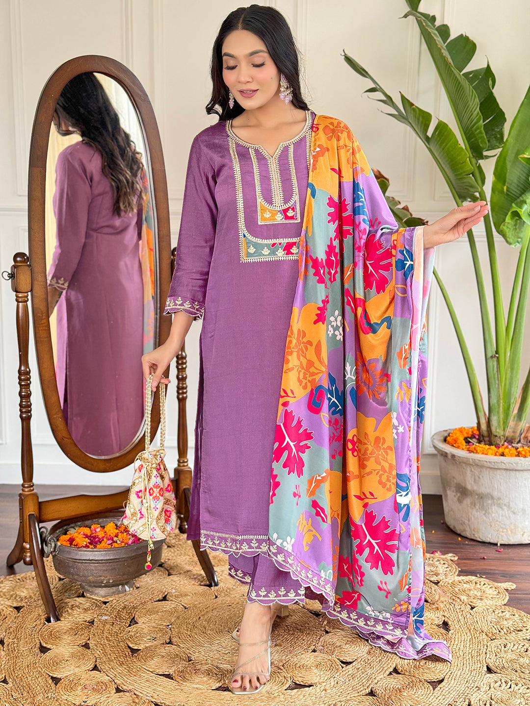 Women Viscose Slub Embroidered Kurta With Pant & Dupatta