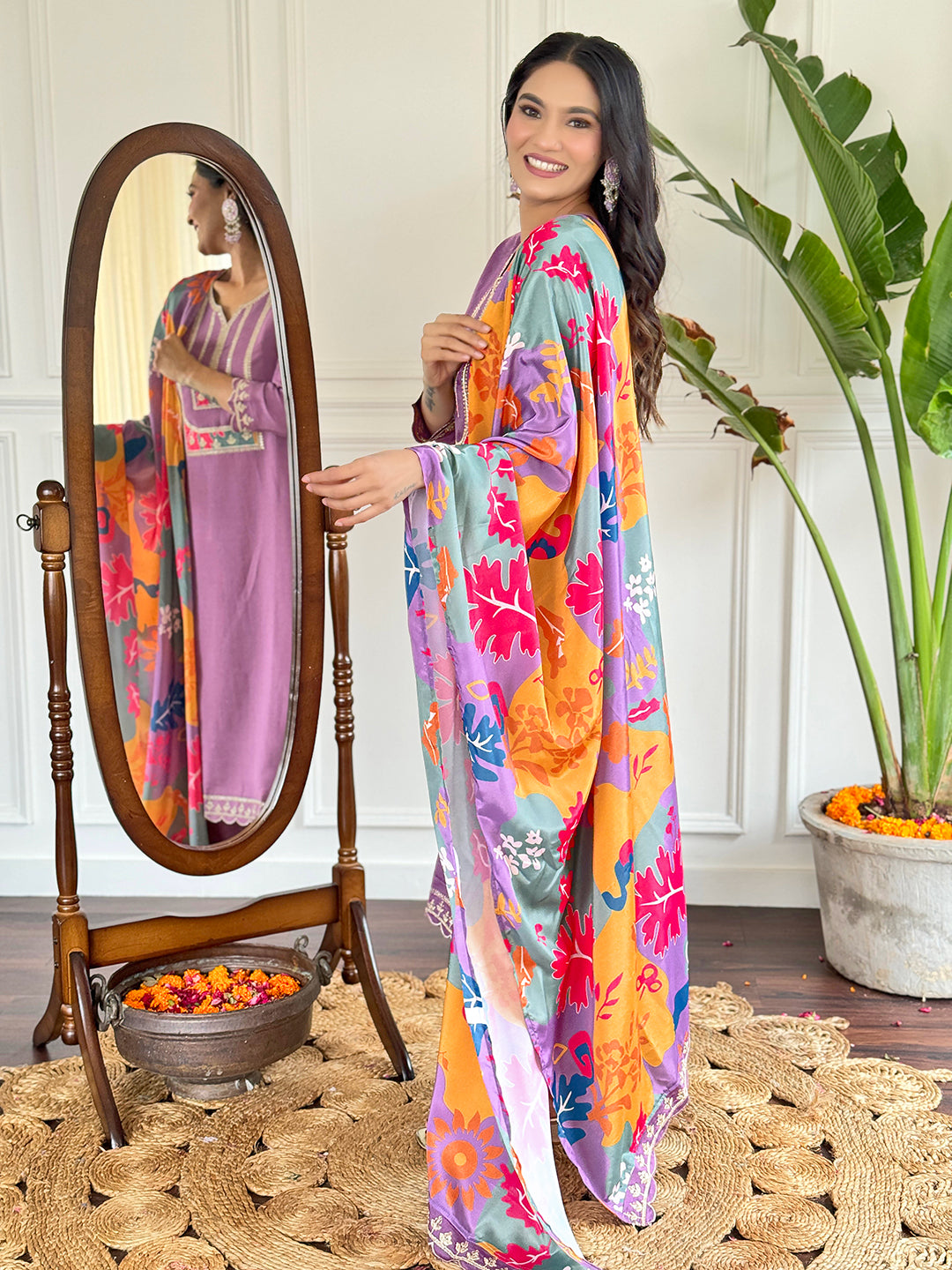 Women Viscose Slub Embroidered Kurta With Pant & Dupatta