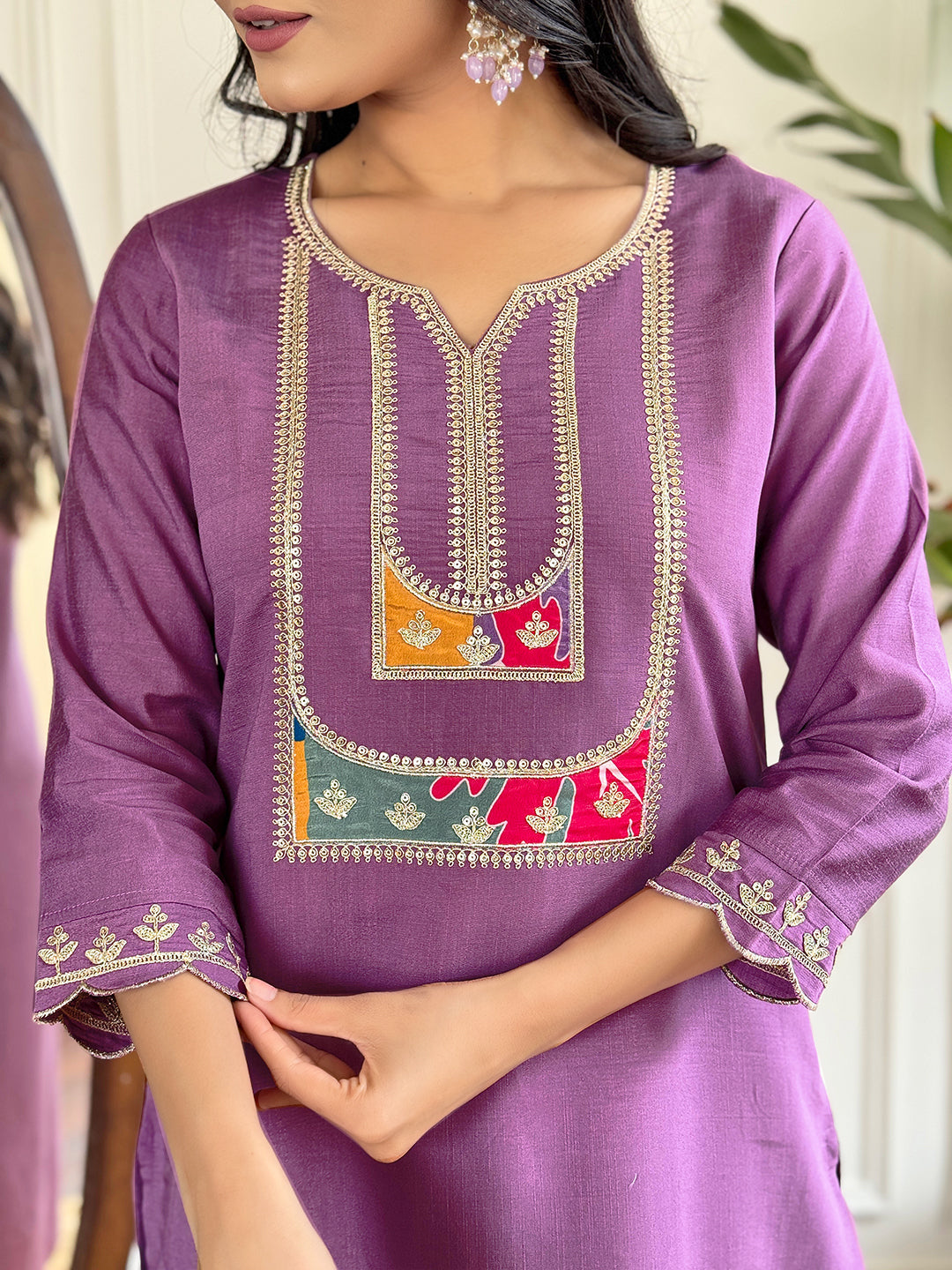Women Viscose Slub Embroidered Kurta With Pant & Dupatta