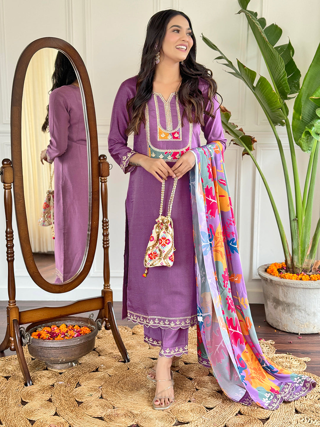 Women Viscose Slub Embroidered Kurta With Pant & Dupatta