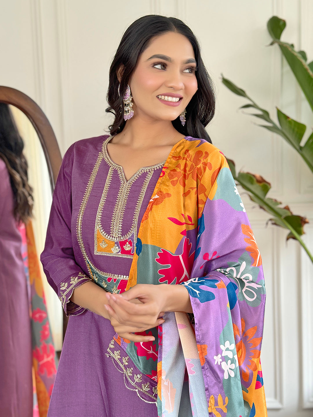 Women Viscose Slub Embroidered Kurta With Pant & Dupatta