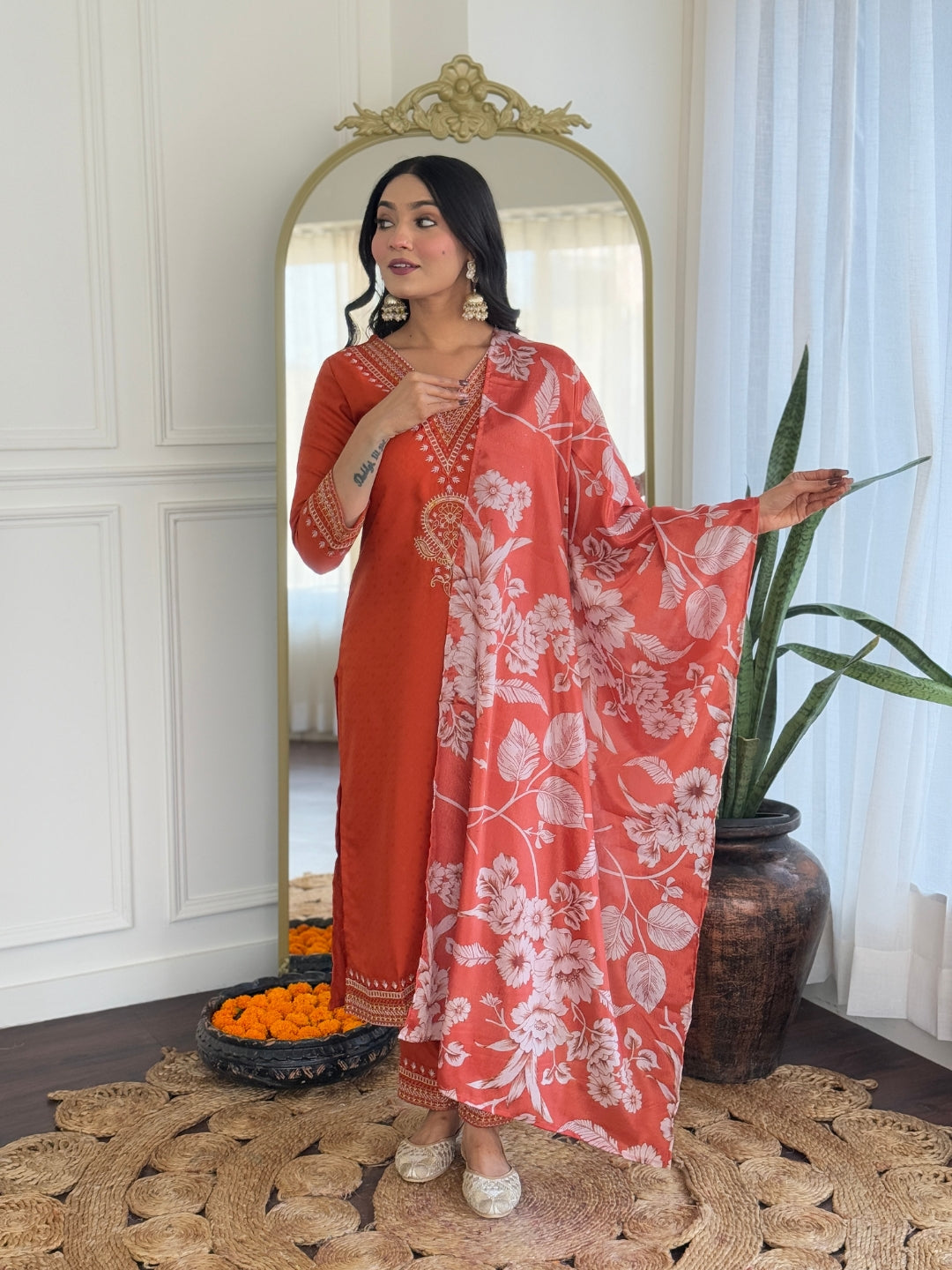 Women Viscose Rayon Embroidered Kurta With Pant & Dupatta