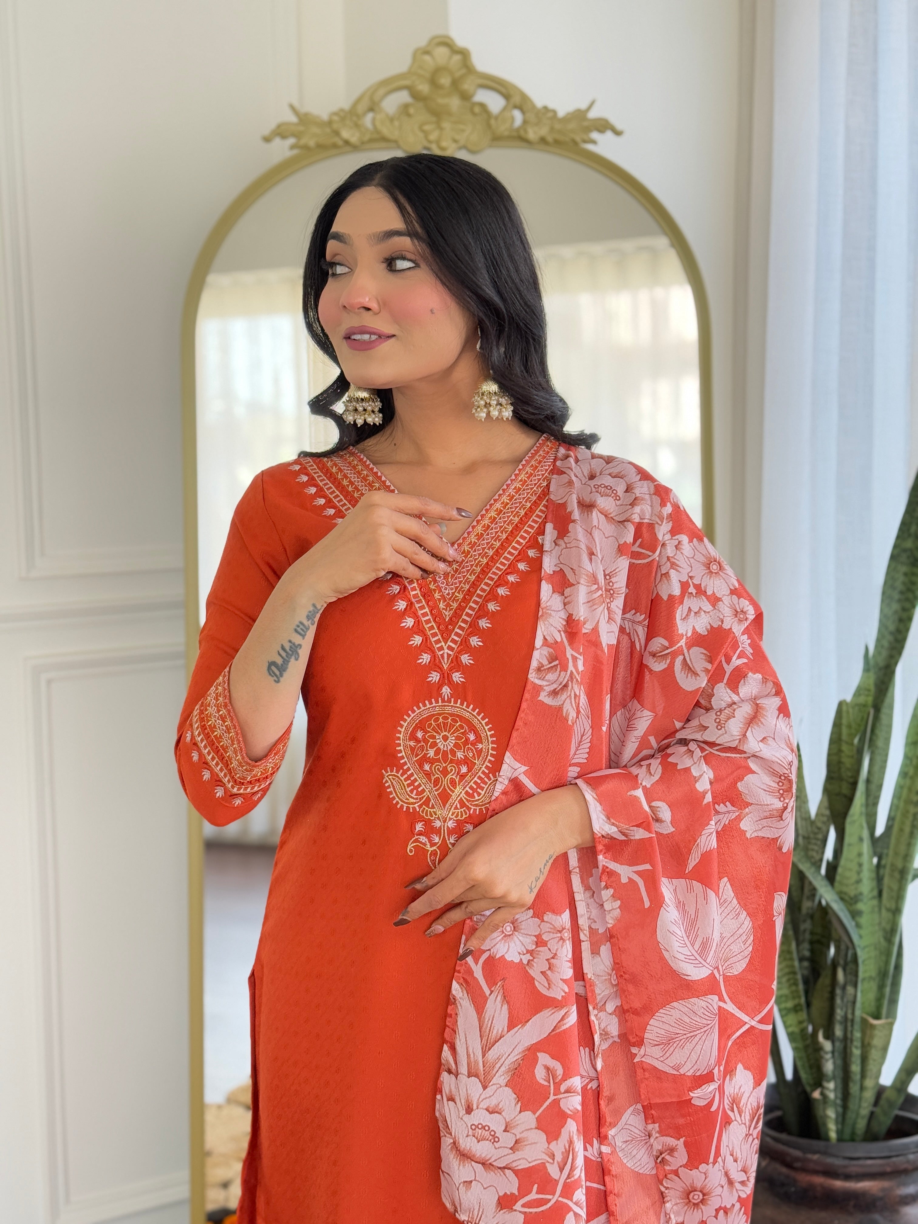 Women Viscose Rayon Embroidered Kurta With Pant & Dupatta