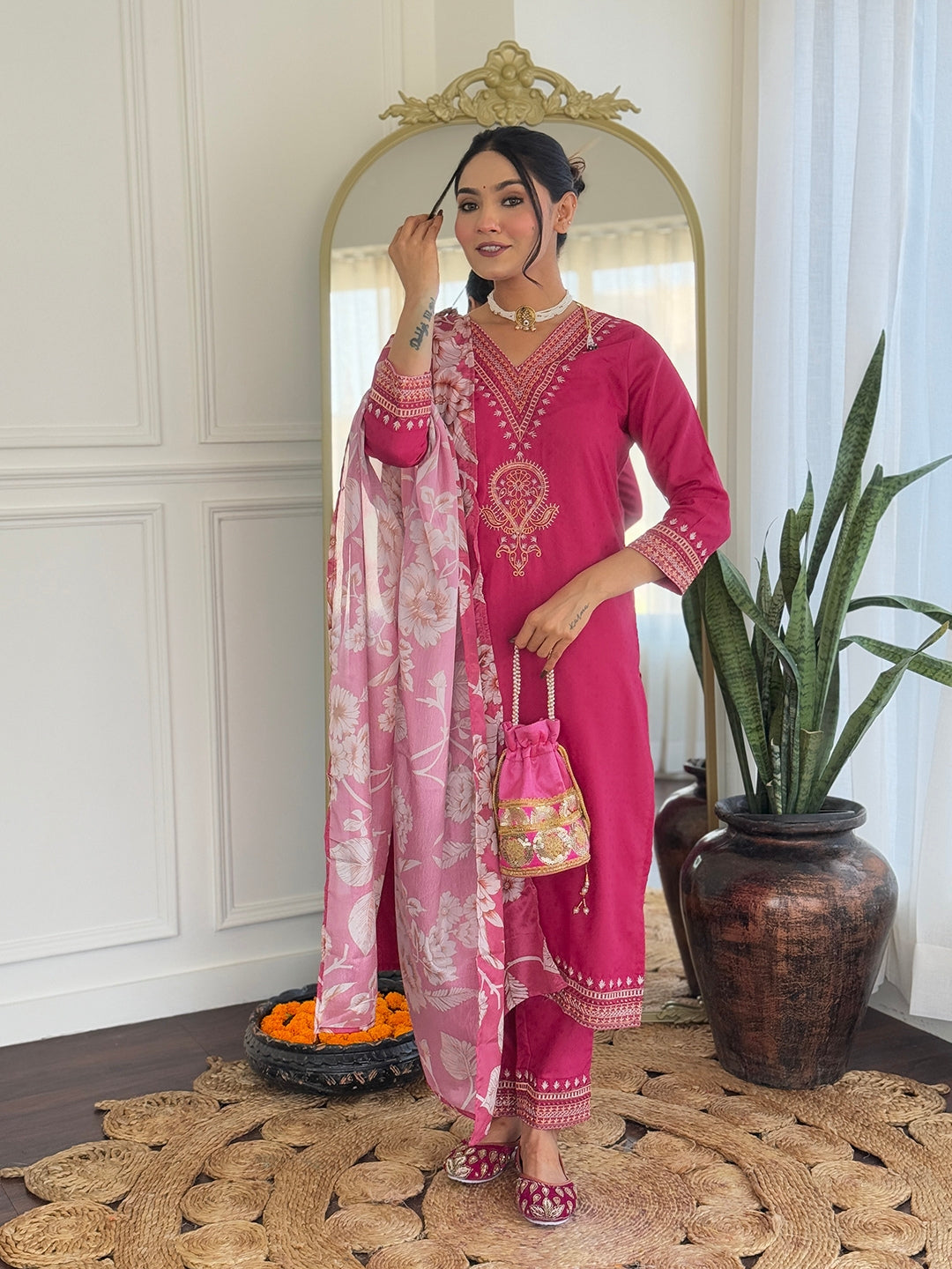 Women Viscose Rayon Embroidered Kurta With Pant & Dupatta