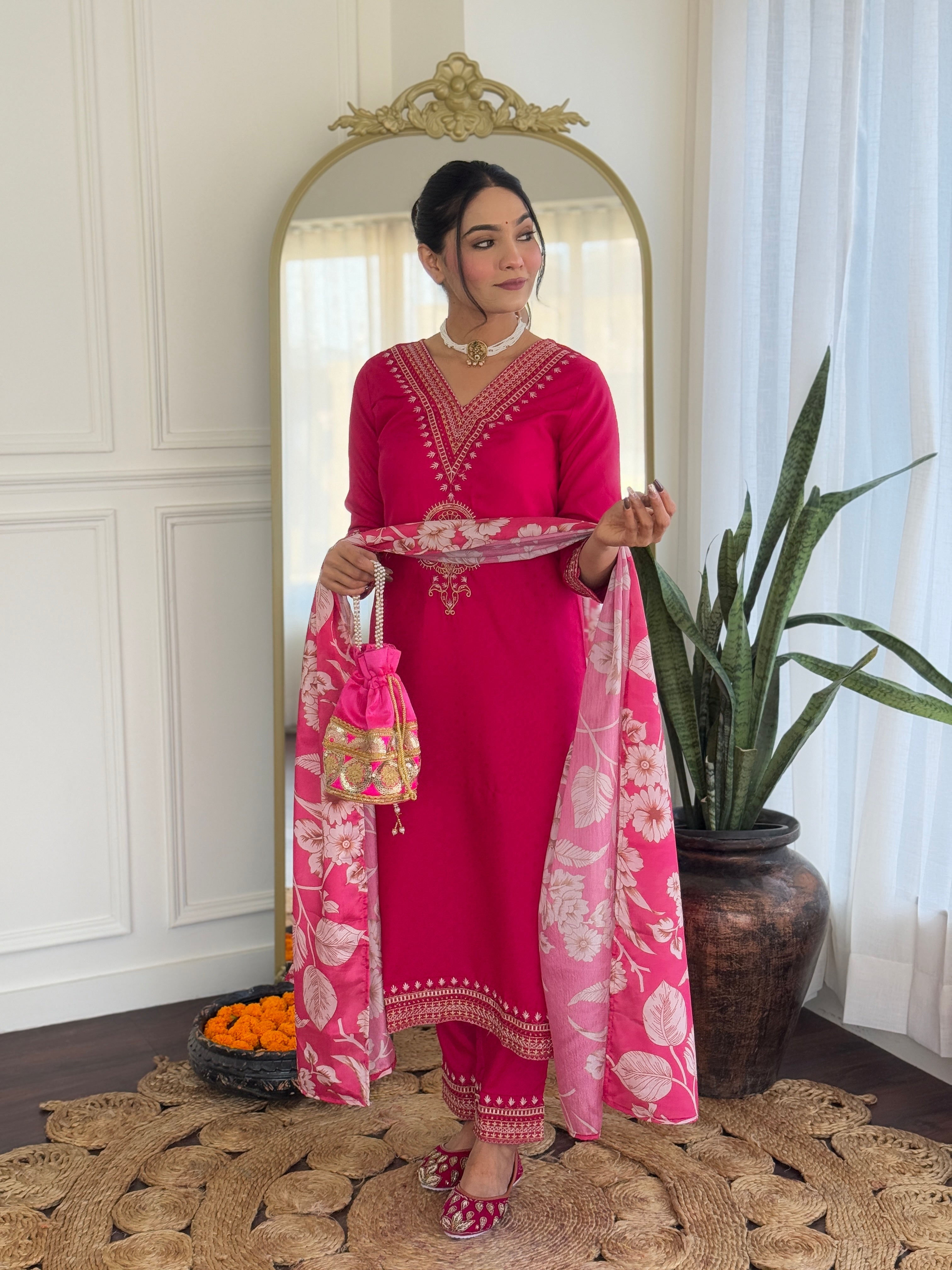 Women Viscose Rayon Embroidered Kurta With Pant & Dupatta