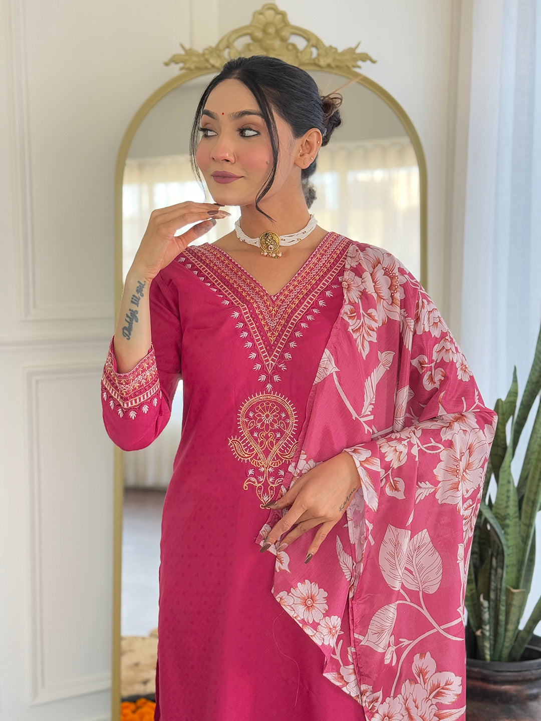 Women Viscose Rayon Embroidered Kurta With Pant & Dupatta