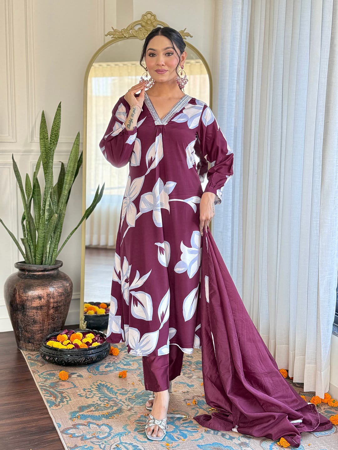 Women's Embroidered Straight Kurta with Chanderi Silk Pant &  Chanderi Dupatta Set