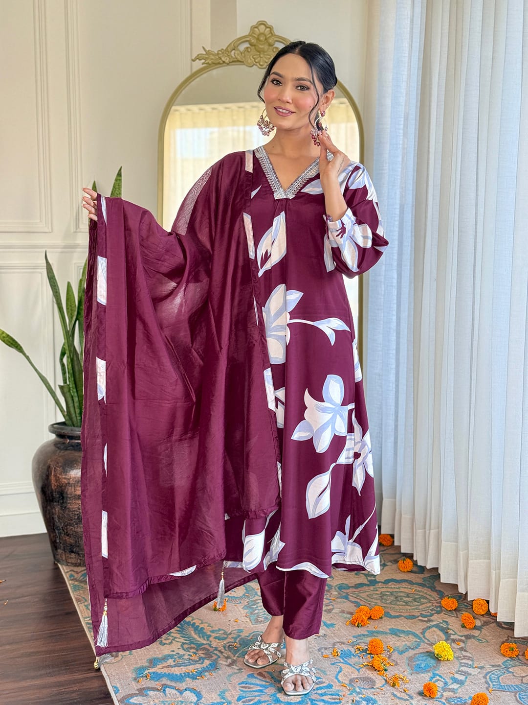 Women's Embroidered Straight Kurta with Chanderi Silk Pant &  Chanderi Dupatta Set