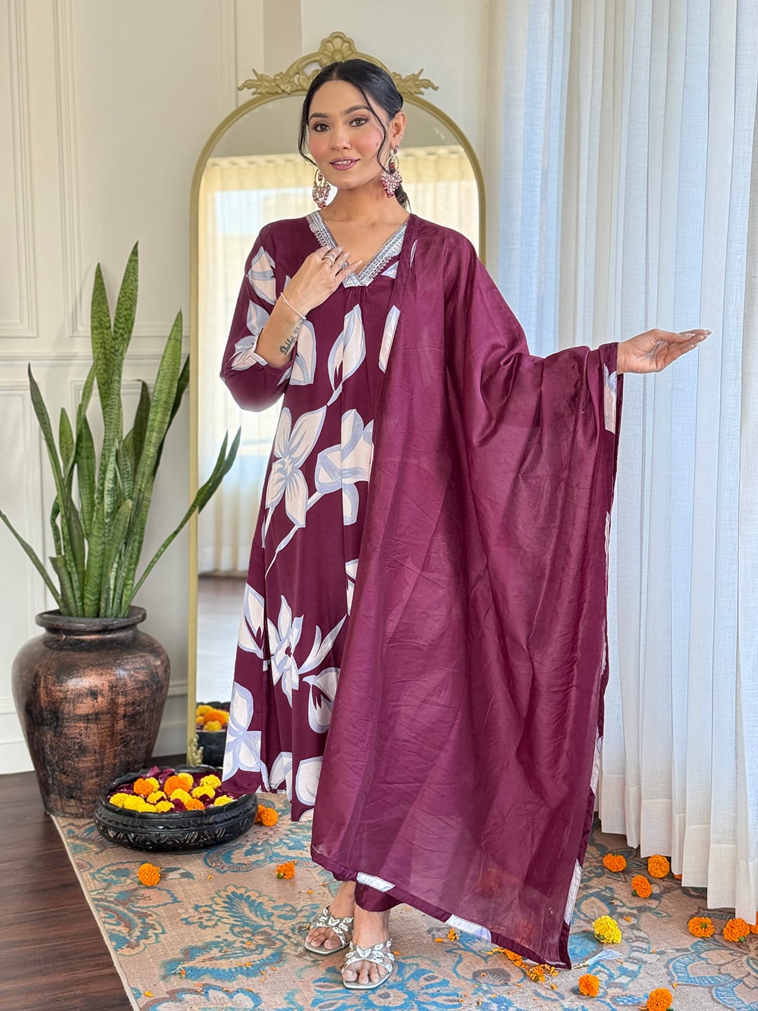 Women's Embroidered Straight Kurta with Chanderi Silk Pant &  Chanderi Dupatta Set