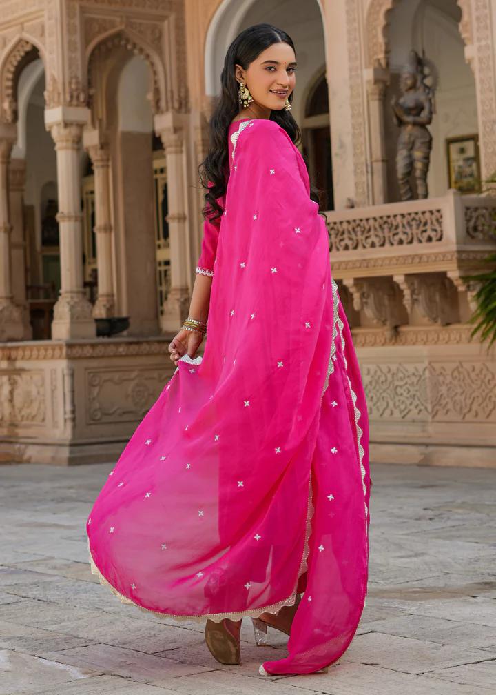Women's chanderi silk Embroidered Straight Kurta with chanderi silk Pant & Organza Dupatta Set