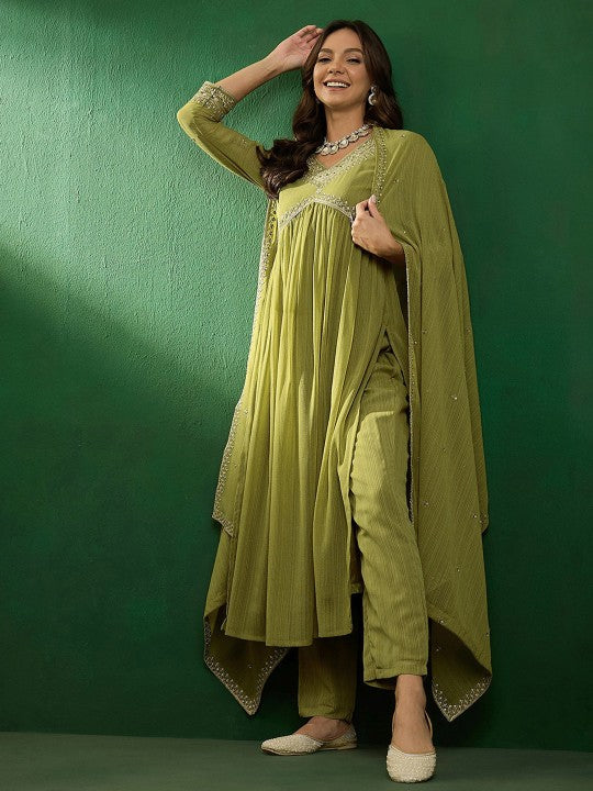 Women's Georgette Embroidered Straight Kurta with Georgette Pant & Georgette Dupatta Set