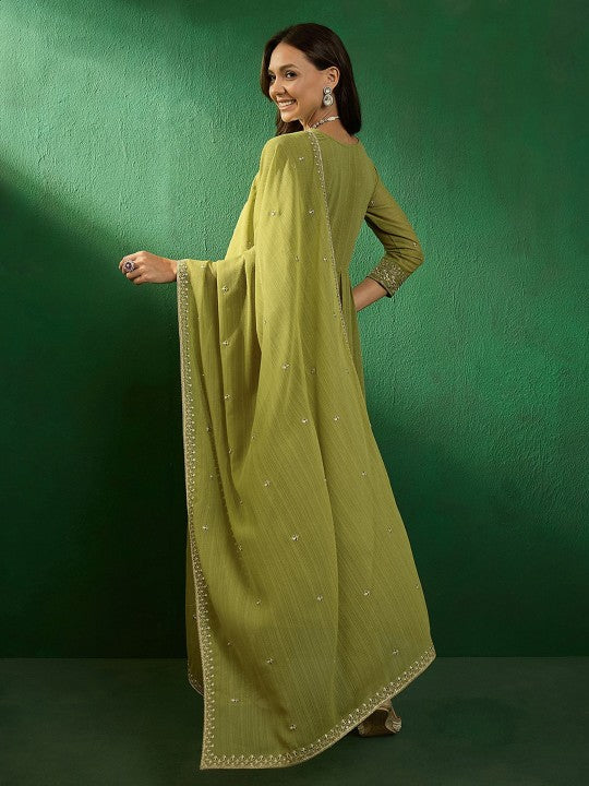 Women's Georgette Embroidered Straight Kurta with Georgette Pant & Georgette Dupatta Set