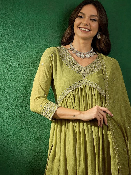 Women's Georgette Embroidered Straight Kurta with Georgette Pant & Georgette Dupatta Set