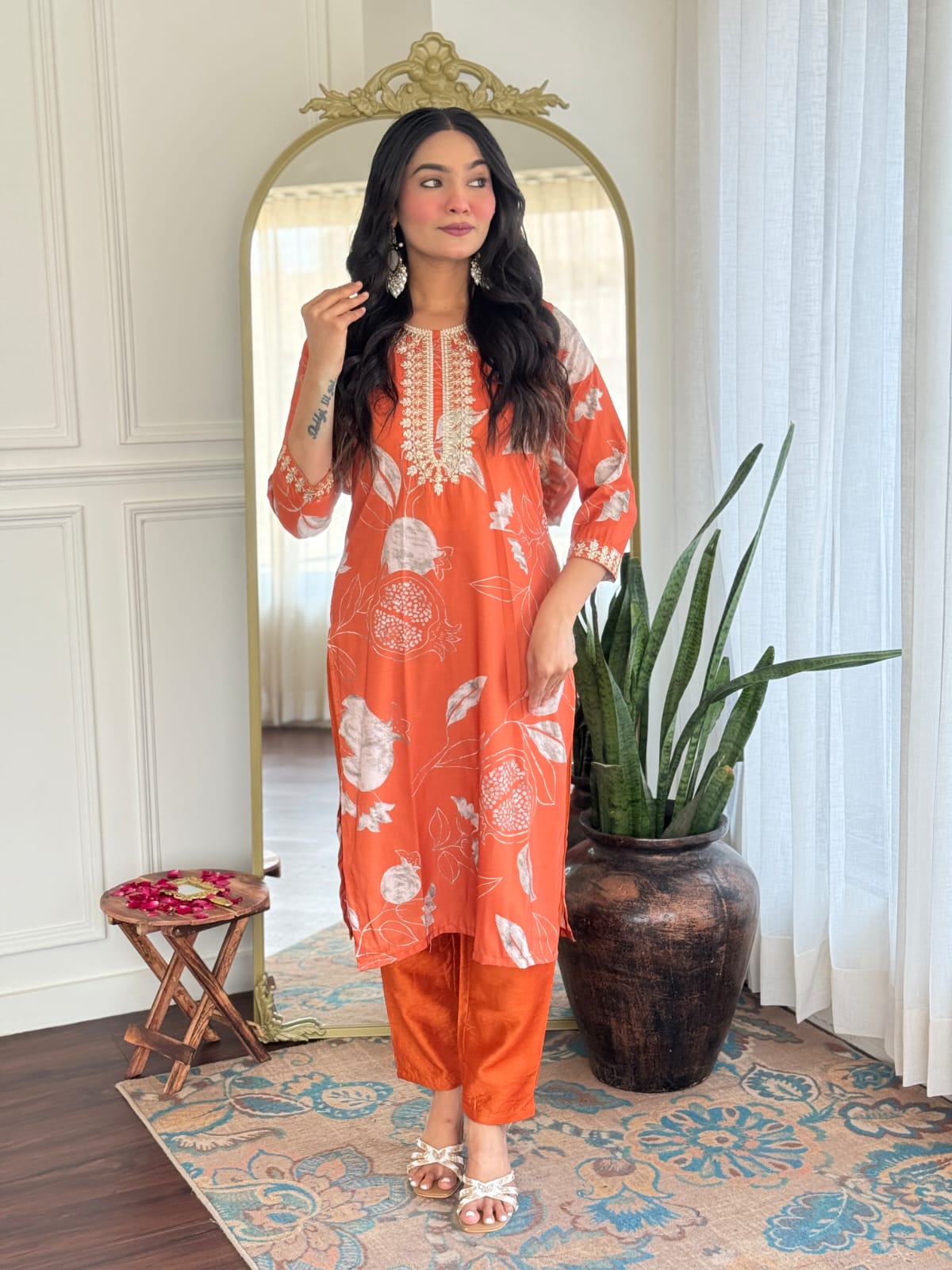 Women's Muslin & Chanderi Embroidered Kurta with Pant|Muslin & Chanderi| Embroidered Suit Set | A-line Salwar Kameez -Work Kurta & Pant
