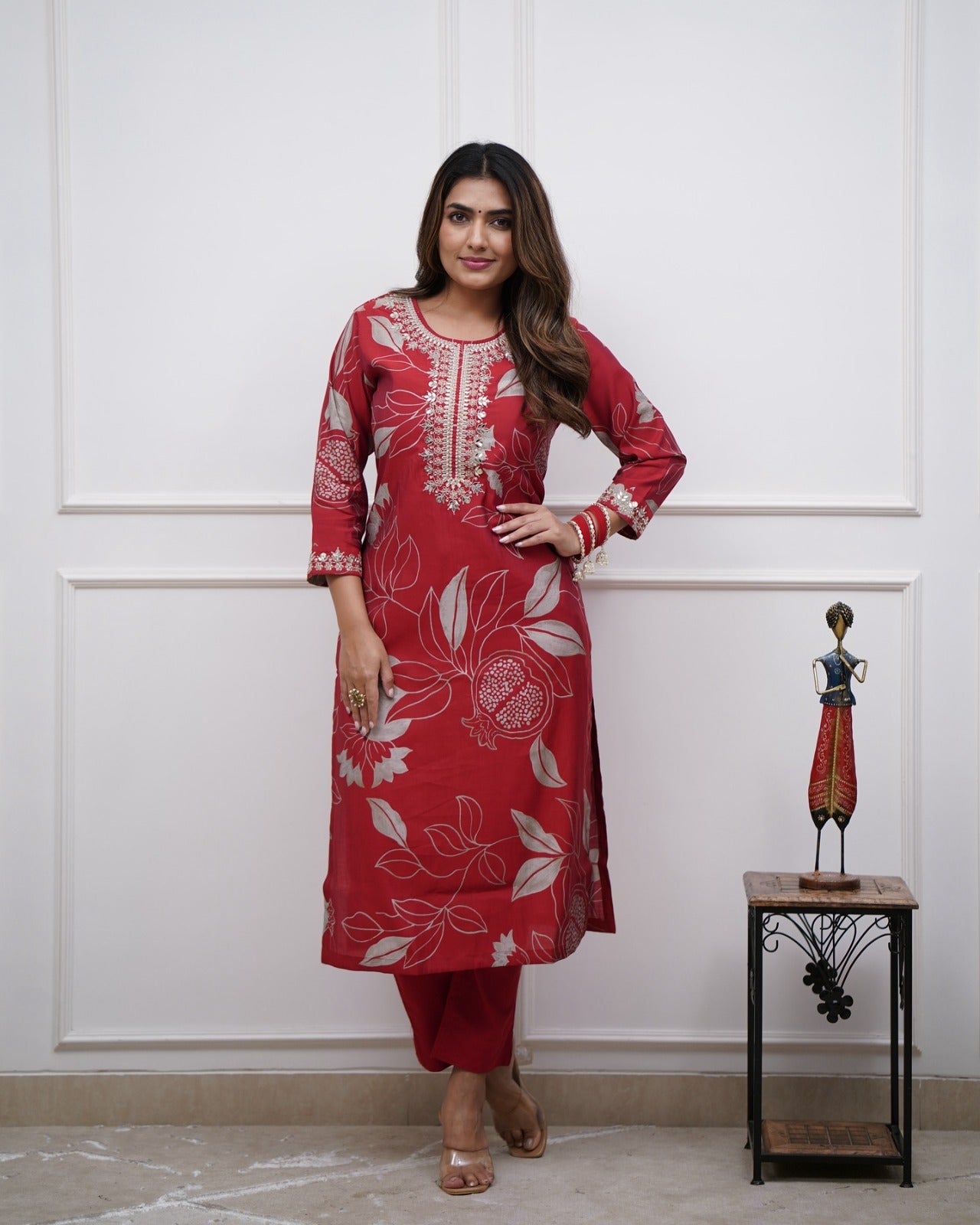 Women's Muslin & Chanderi Embroidered Kurta with Pant|Muslin & Chanderi| Embroidered Suit Set | A-line Salwar Kameez -Work Kurta & Pant