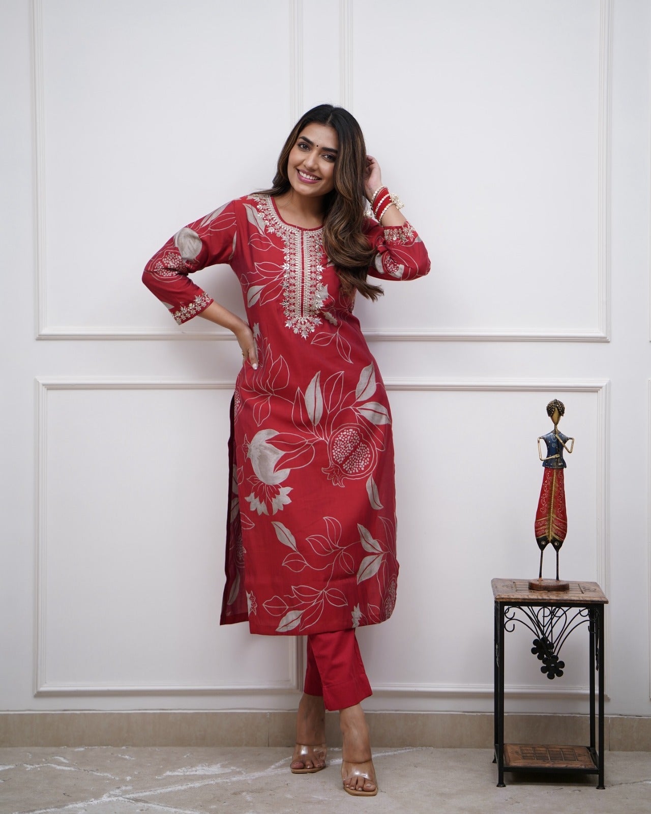 Women's Muslin & Chanderi Embroidered Kurta with Pant|Muslin & Chanderi| Embroidered Suit Set | A-line Salwar Kameez -Work Kurta & Pant